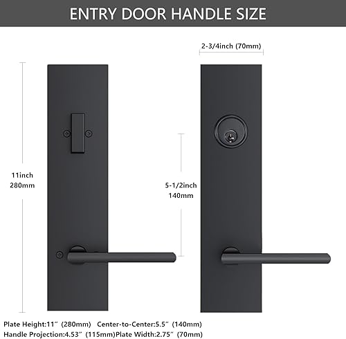 Miniatura 6 de SNBTLA Manija de puerta delantera negra mate  Juego de cerradura de puerta de entrada moderna con cerrojo, palanca de puerta exterior 3 llaves para