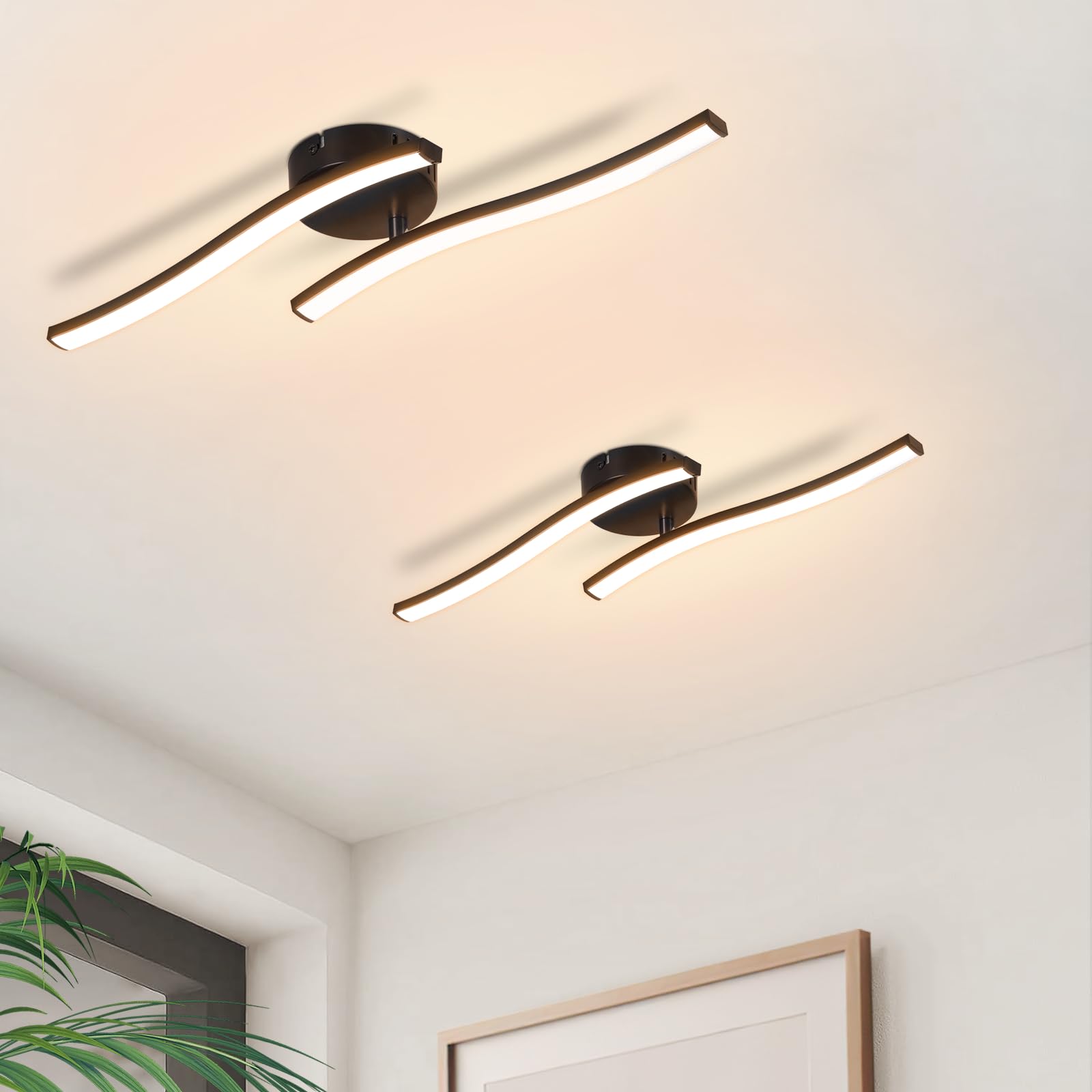 Homefire 2ER Deckenlampe Wohnzimmer LED Deckenleuchte Schlafzimmer: Modern Schlafzimmerlampe Schwarz 12W Wohnzimmerlampe 3000K Wellen Design Küchenlampe Innen Warmweiß Deckenbeleuchtung für Flur Küche