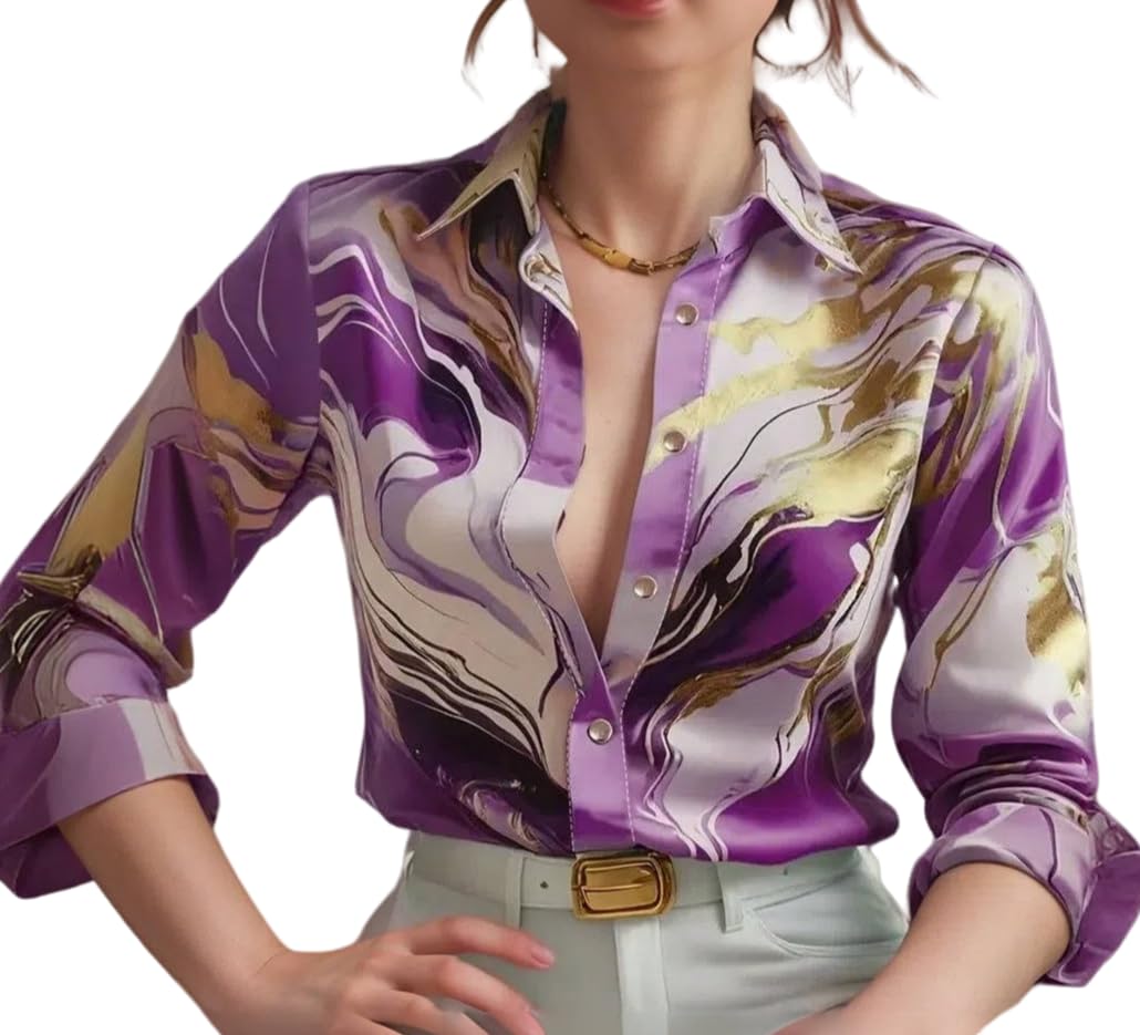 IndoPrimo Women’s Satin Shirt with Long Sleeves Western Style Spread Collar Neck Relaxed Fit Abstact Printed Pattern and Standard Length IndoPrimo Women’s Satin Shirt with Long Sleeves Western Style Spread Collar Neck Relaxed Fit Abstact Printed Pattern and Standard Length