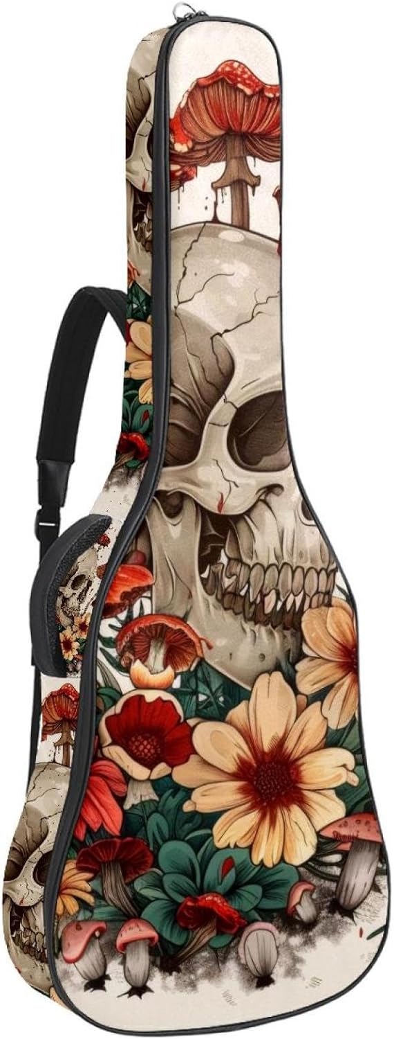 40 41 42 Inch Guitar Bags, Waterproof Padded Acoustic Guitar Case Backpack with Adjustable Shoulder Strap & Pockets, Aesthetic Skull with Cute Floral Mushroom