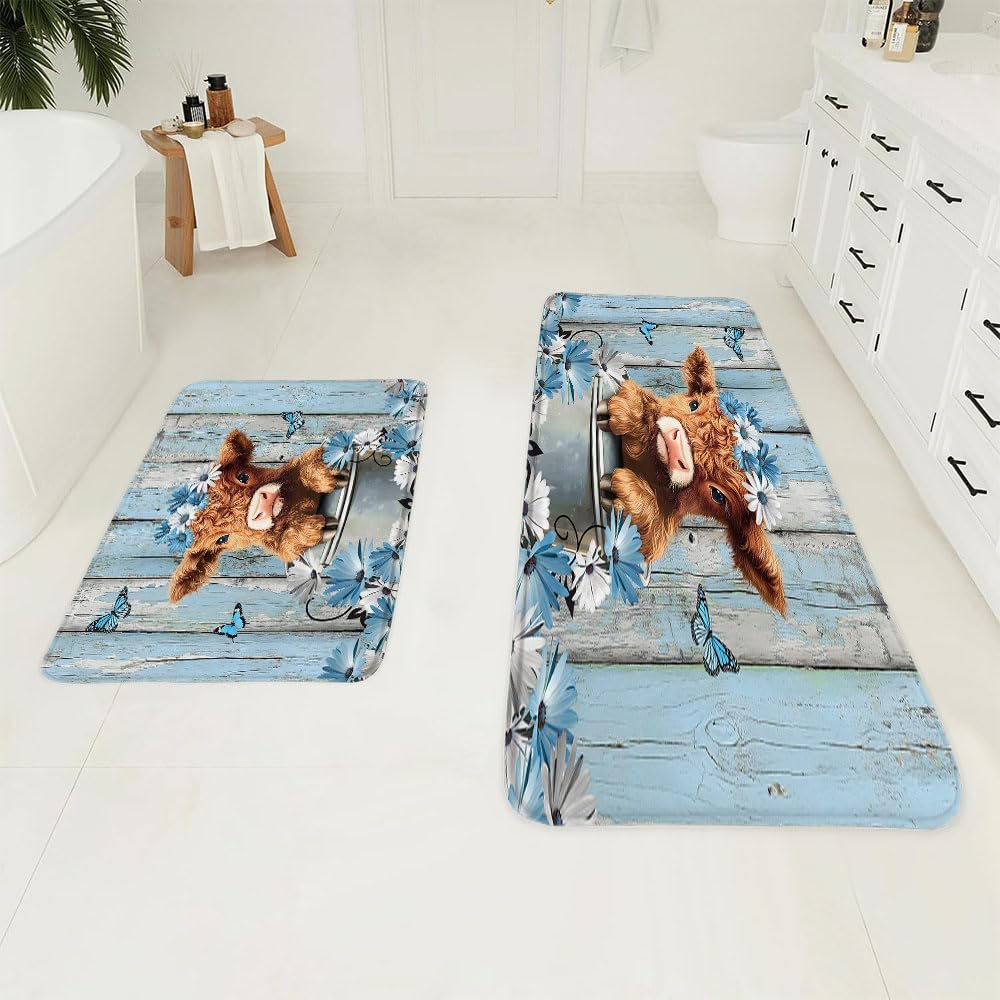 2 Piece Funny Highland Cow Bath Mat,Farm Teal Daisy Floral Rustic Western Farmhouse Animal Calf Country Wooden Board Microfiber Memory Foam Bathroom Rug Doormat Kitchen Toilet Floor Rug
