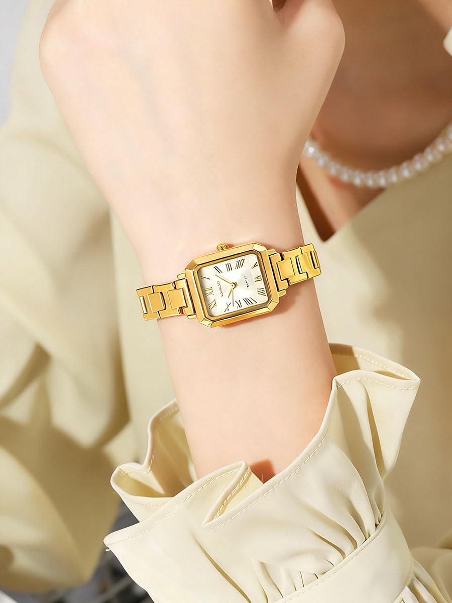 BESTKANG Women's Small Wrist Watch Rectangular Quartz Watch Classic Roman Numeral Dial 30M Waterproof Stainless Steel Band Wristwatch