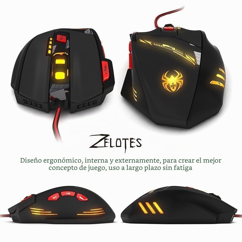 zelotes Ratón Gaming,9200DPI (6 Niveles),8 Botones Programable,Peso Regulable,RGB,Diseño Ergonómico,Ratón con Cable Óptico USB,para PC,Portátil,Negro