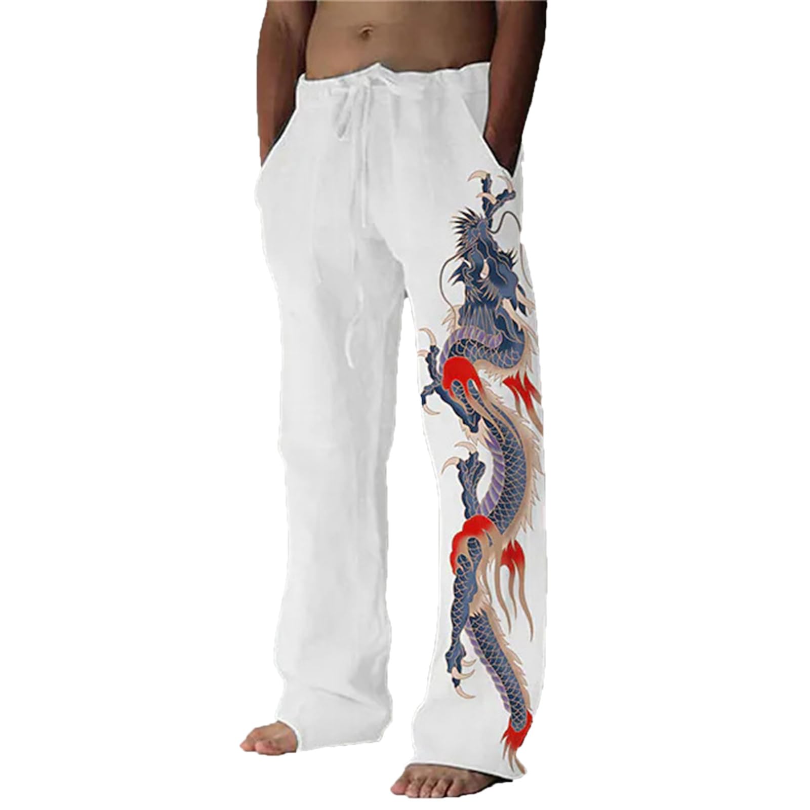 keephen Men's Loose Baggy Lounge Pants Yoga Pants Dragon Printed Lounge Pajamas Pants Drawstring Wide Leg Pants