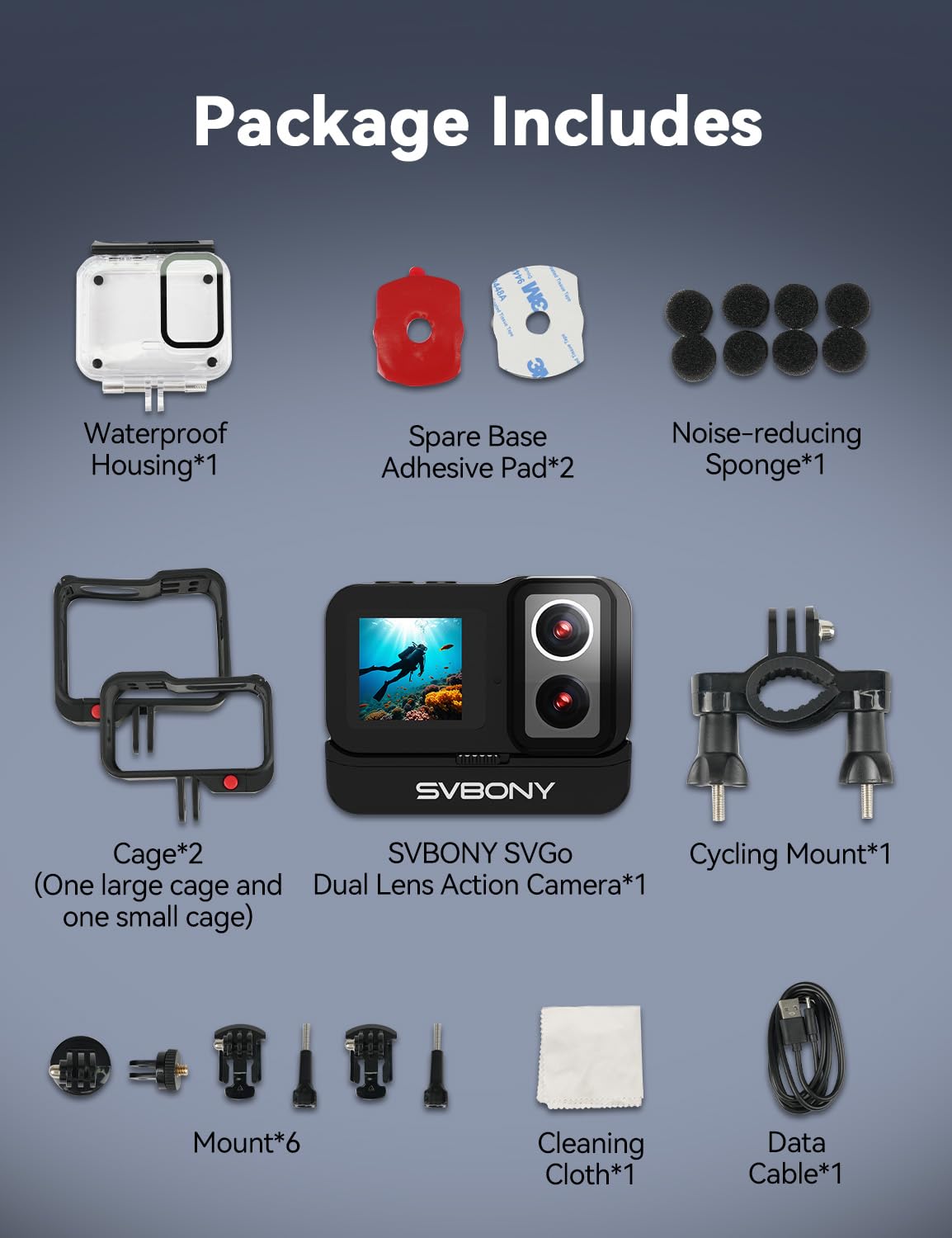 SVBONY SVGo Action Camera 4K30FPS Doppio Obiettivo F2.0/F1.4 Doppio Schermo IPS EIS Impermeabile 30m Batteria 1860mAh