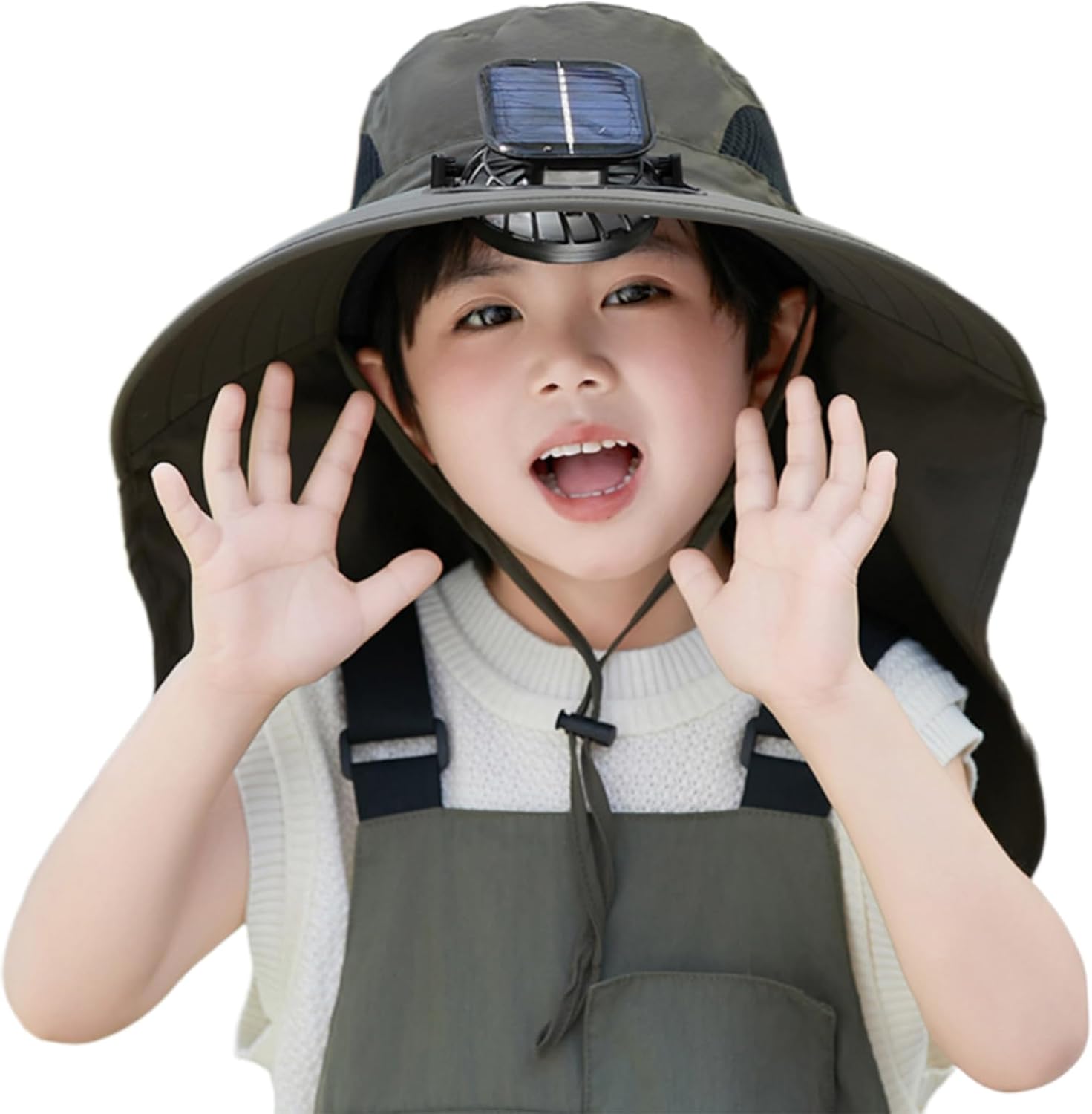 Solar Fan Hat with Neck Flap Sun Protective Wide Brimmed Bucket with Rechargeable Cooling Fan for Outdoor Beach Outdoor Army Green