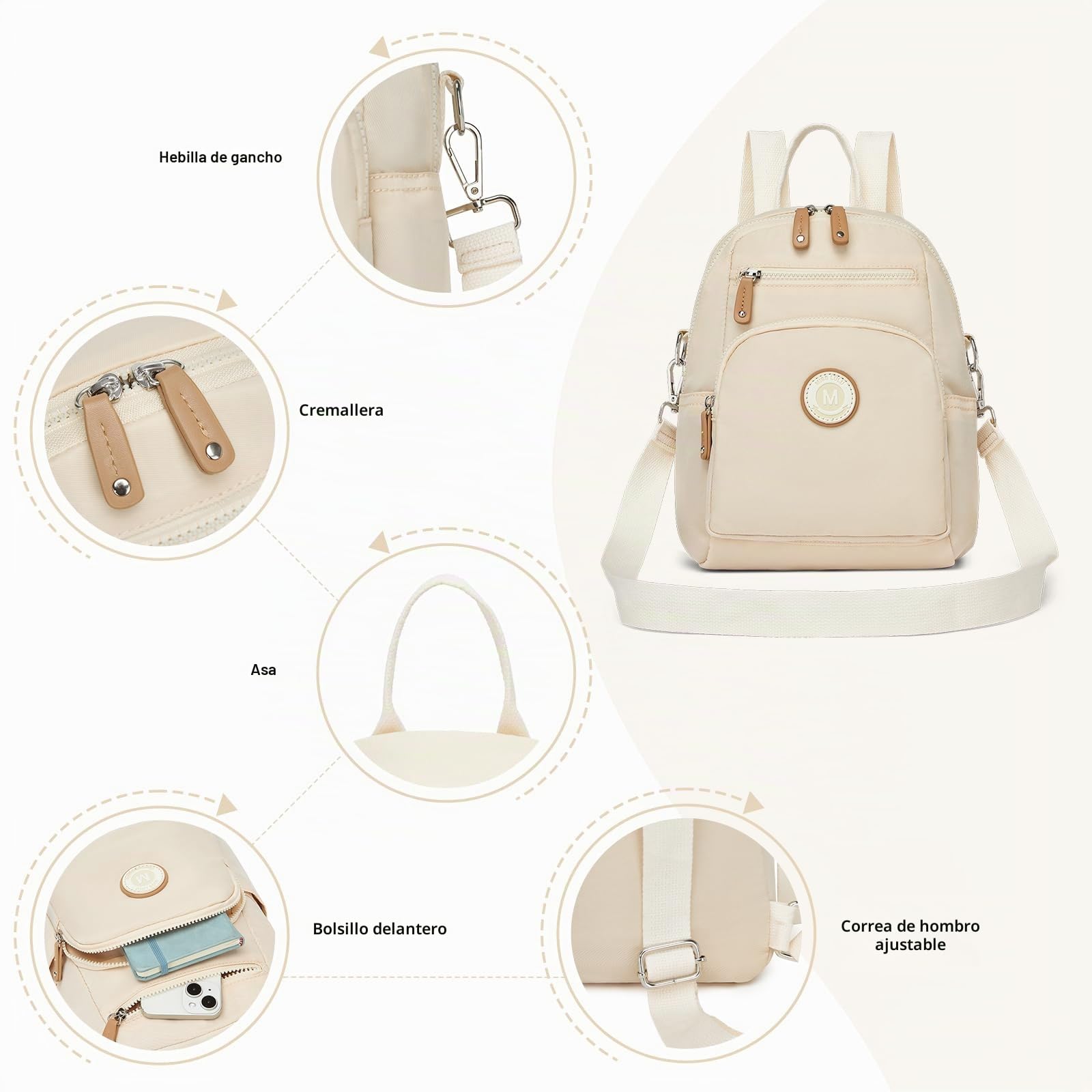 Miss Lulu Mochila para mujer Mini mochila urbana viaje Mochila impermeable Casual Mochila Bolso bandolera Multiusos Bolso bandolera para el trabajo, los estudios Beige