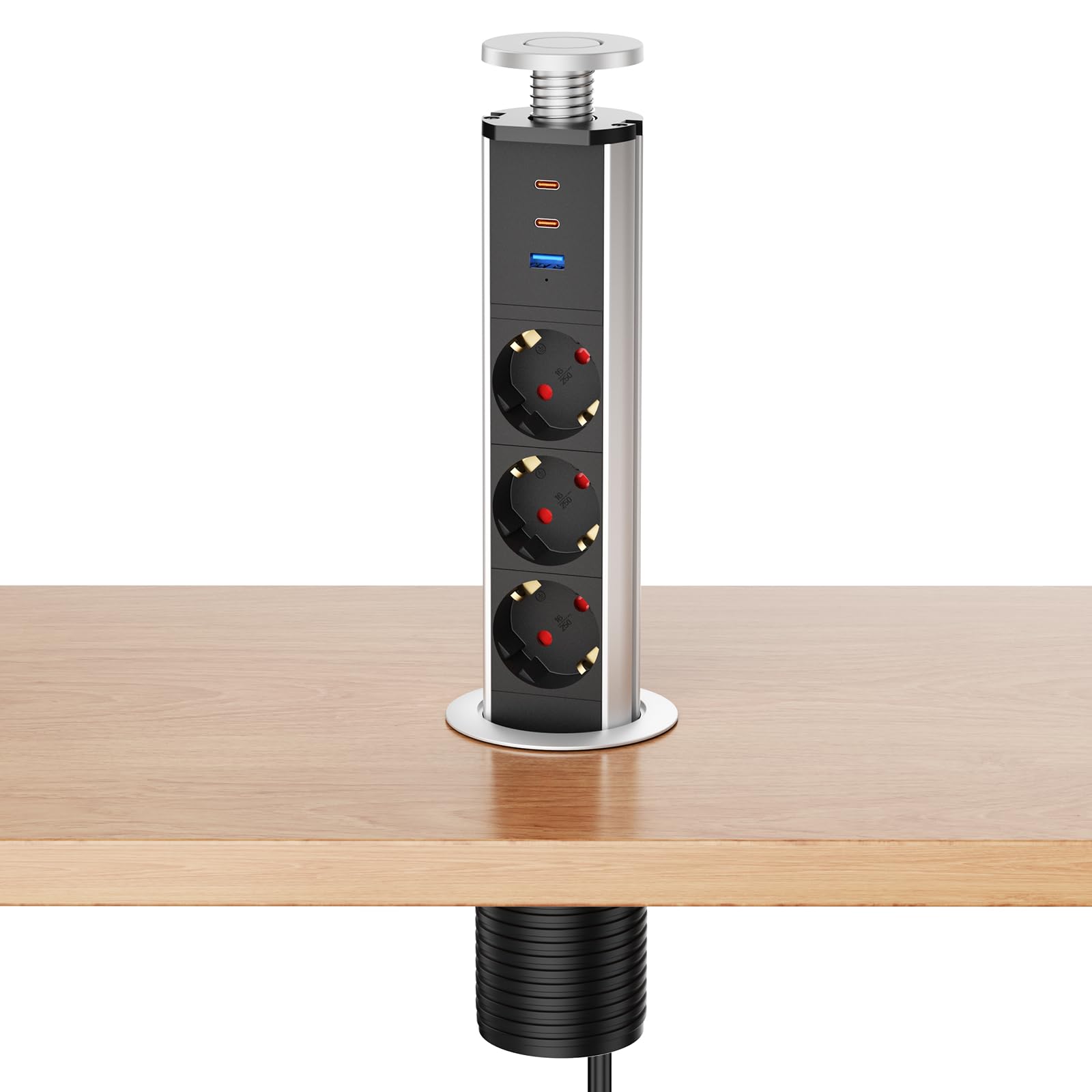Wysuwane gniazdko 2 × USB-C PD20 W i USB A, 3-krotne gniazdko stołowe, wpuszczane, do kuchni i biura, kabel 1,8 m, 4000 W/16 A, Ø 60 mm
