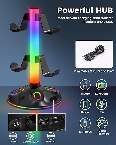 Miniatura 4 de Soporte de auriculares RGB para escritorio, innovador soporte para auriculares con 9 modos de luz, soporte para controlador con carga USB y puerto