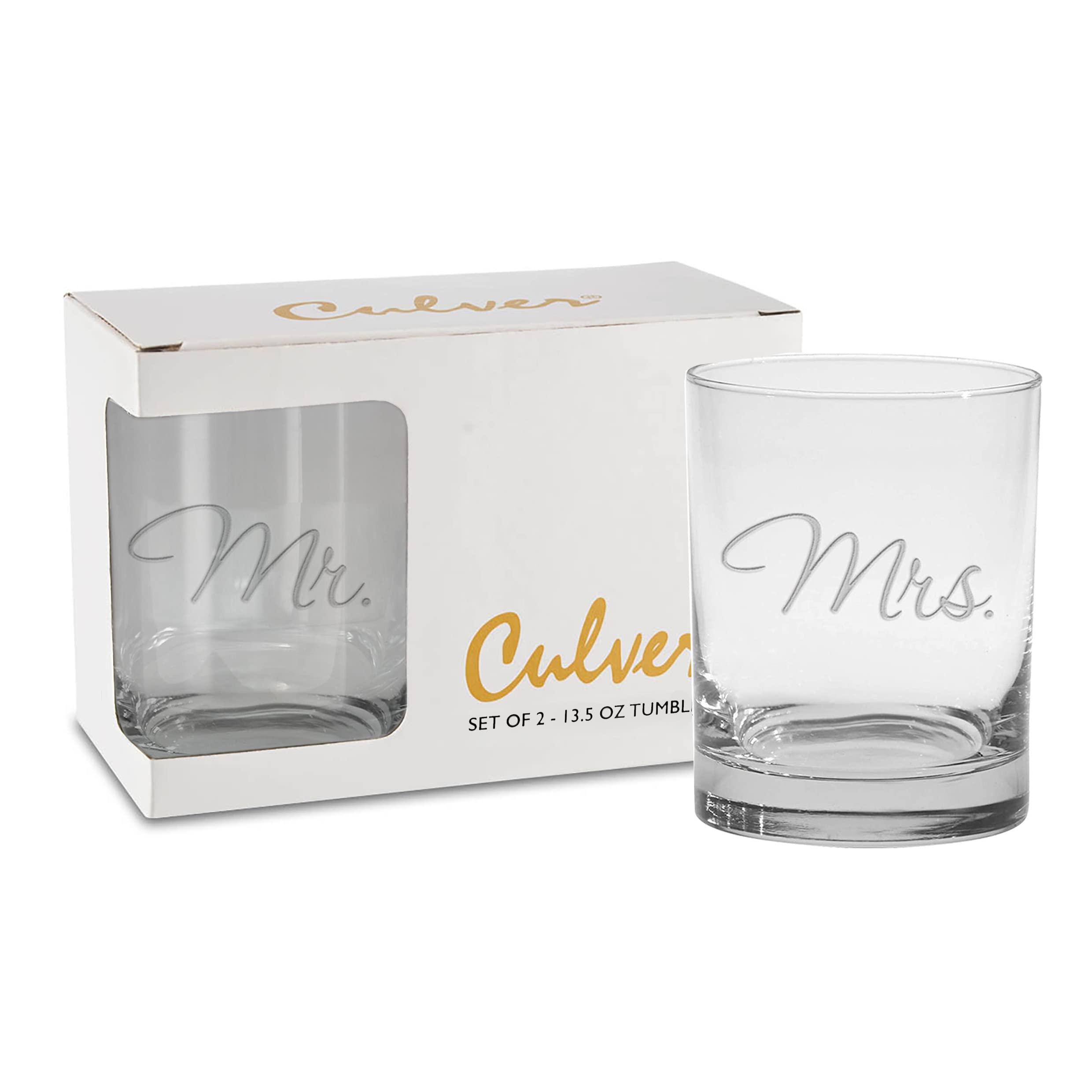 Culver Mr. & Mrs. Deep Etched (DOF) Double Old Fashioned Glasses, 13.5-Ounce (Gift Boxed, Set of 2)