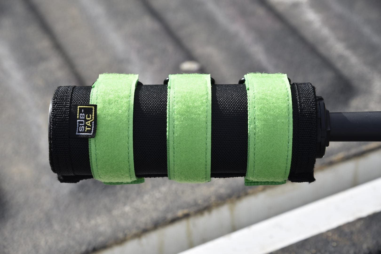 Sub-tac Alpha Suppressor Cover 7.5 inch Black with Lime Green Straps/Paracord
