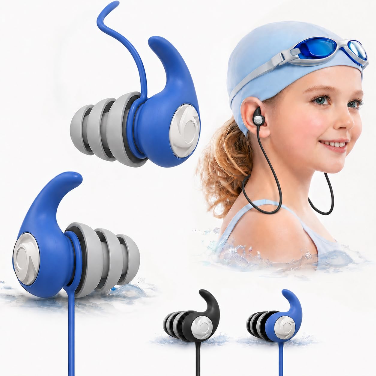 Swimming Ear Plugs for Adults Kids with Lanyard, 2 Pairs Swim Earplugs