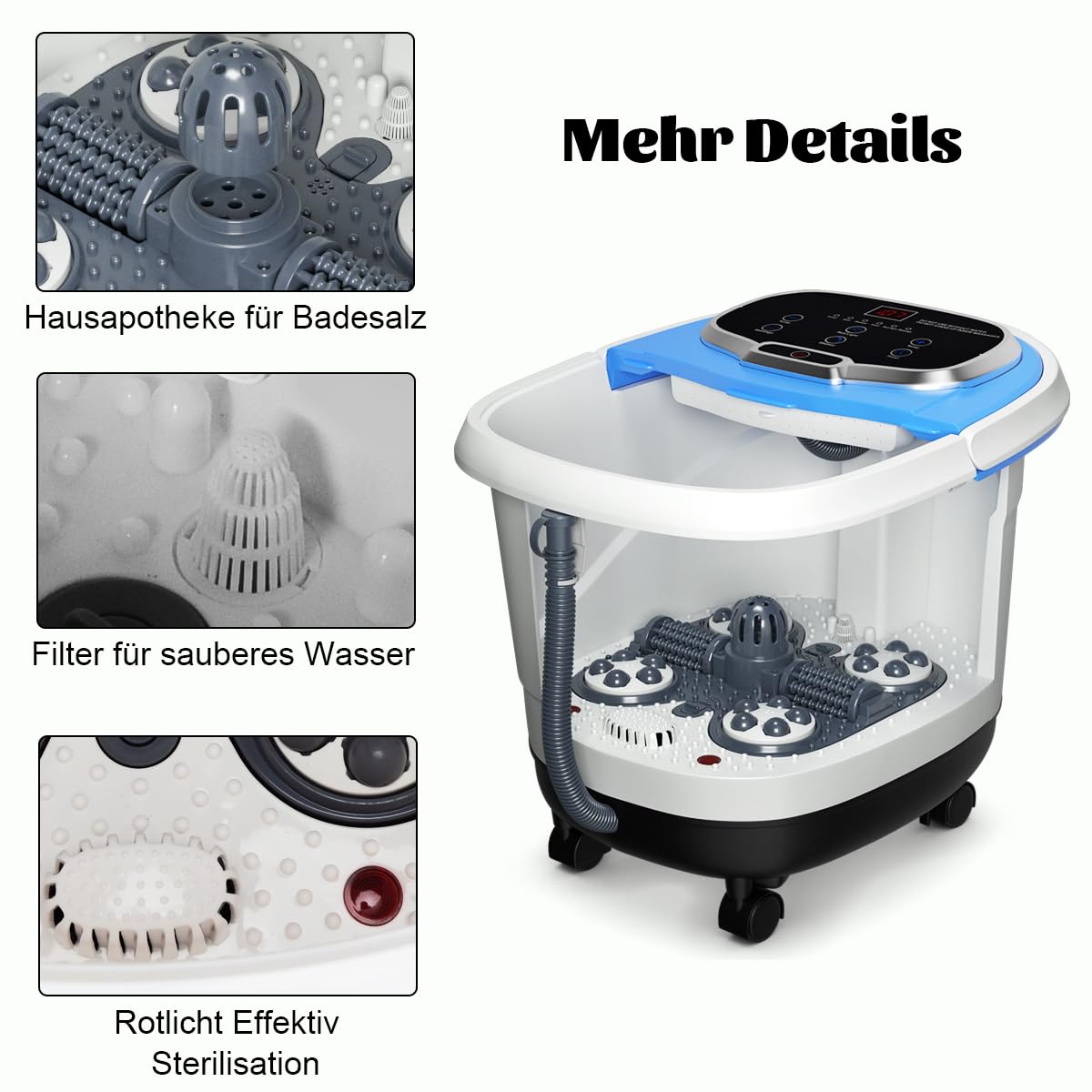 SOARS Fußbad Massagegerät elektrisch, Fußbadewanne mit Abnehmbarer Massagefläche, mobiles Fußmassagegerät mit Heizungs- & Dusch-Funktion, 10-60min Timer, 35-48℃ (Blau)