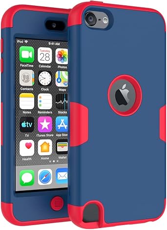 Callyue iPod Touch Case Compatible Apple iPod Touch 5th 6th & 7th Generation, PC + Silicone 2-in-1 Cover Protective Case for iPod Touch 7/6 / 5 - Navy + Red