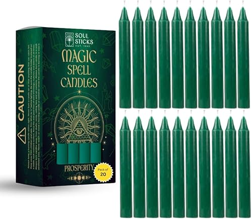 SOUL STICKS Paquete de 20 velas cónicas Prosperity Magic Spell Chime - Ideal para altar, rituales, ceremonias, velas verdes de meditación sin