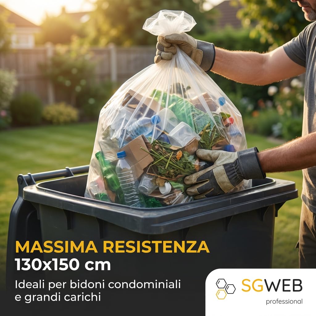 Sacchi Immondizia Trasparenti Ultra Giganti 130x150cm [50 Pezzi] in Polietilene Alta Resistenza per Spazzatura e Raccolta Differenziata, Buste Grandi Professionali per Rifiuti Ingen