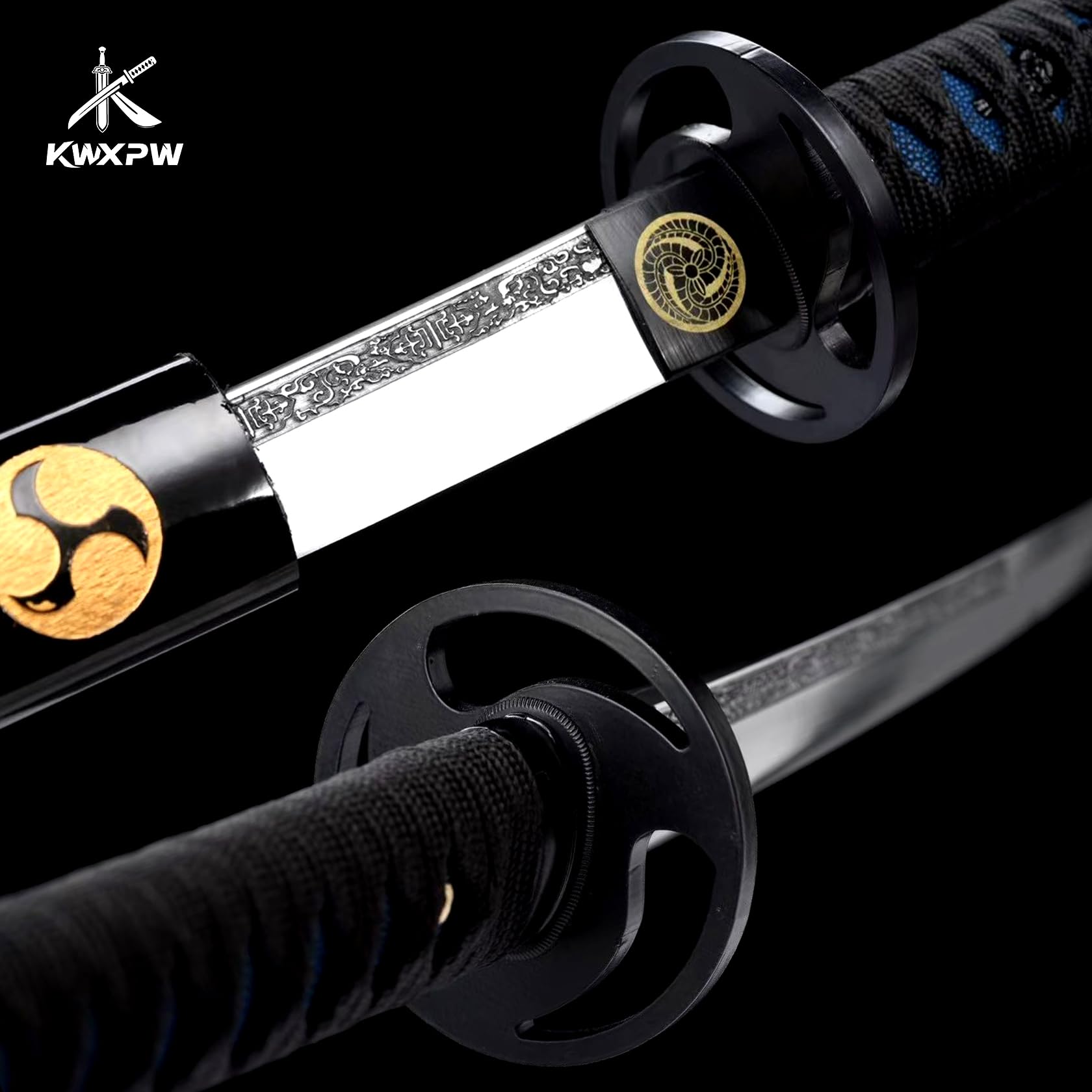 103cm Schwarzes Katana,Japanisches Samuraischwert,Federstahl Klinge,Holzscheide mit Schnitzmuster,handgefertigt echt Samurai-Schwert für Geschenke,Displays,Cosplay,Requisiten,Training