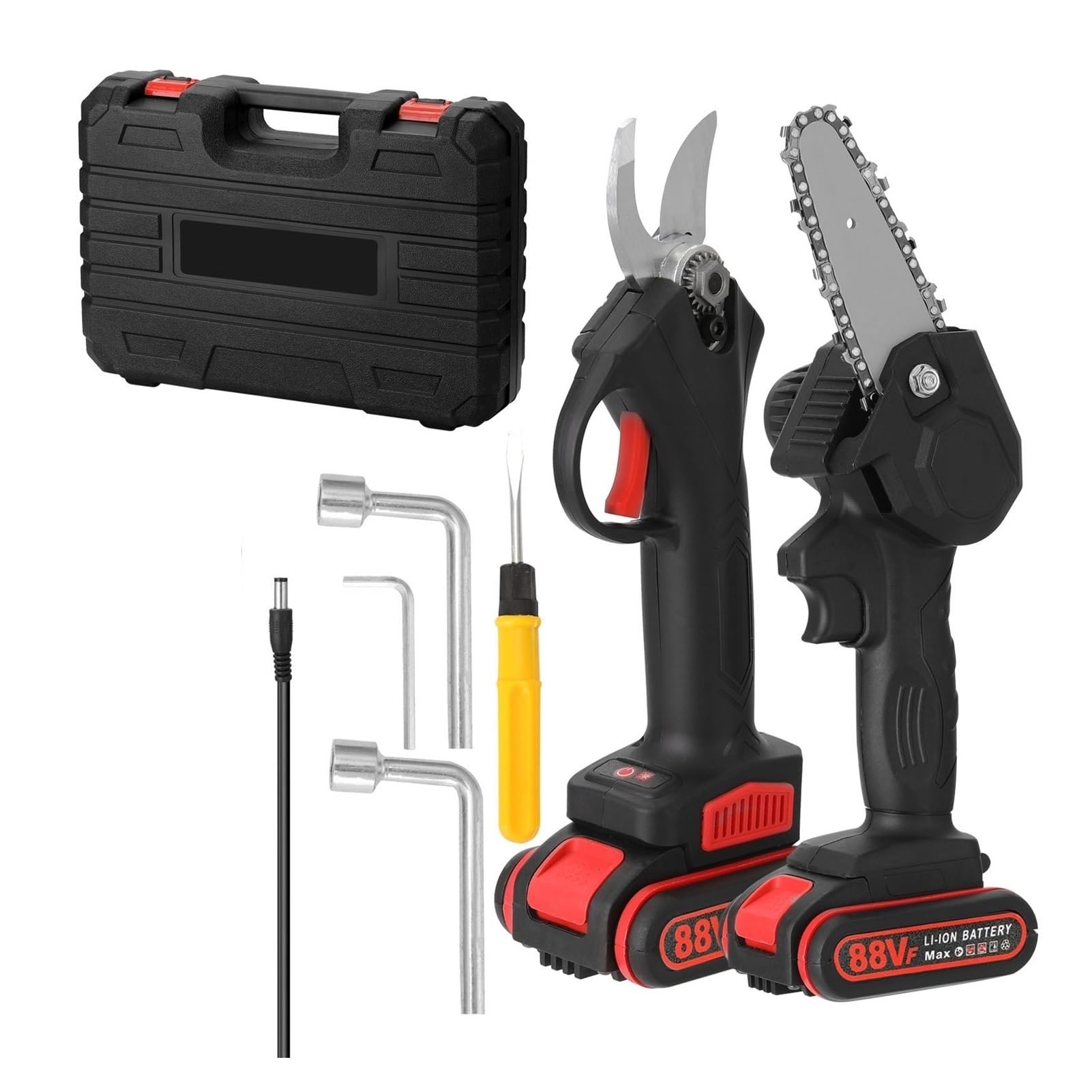 21V 30mm Bezprzewodowy bezszczotkowy 88VF Elektryczny Sekator + 4-calowy silnik szczotkowy Cahinsaw Narzędzie do obróbki drewna do ogrodu sadowniczego Do użytku domowego(Red)