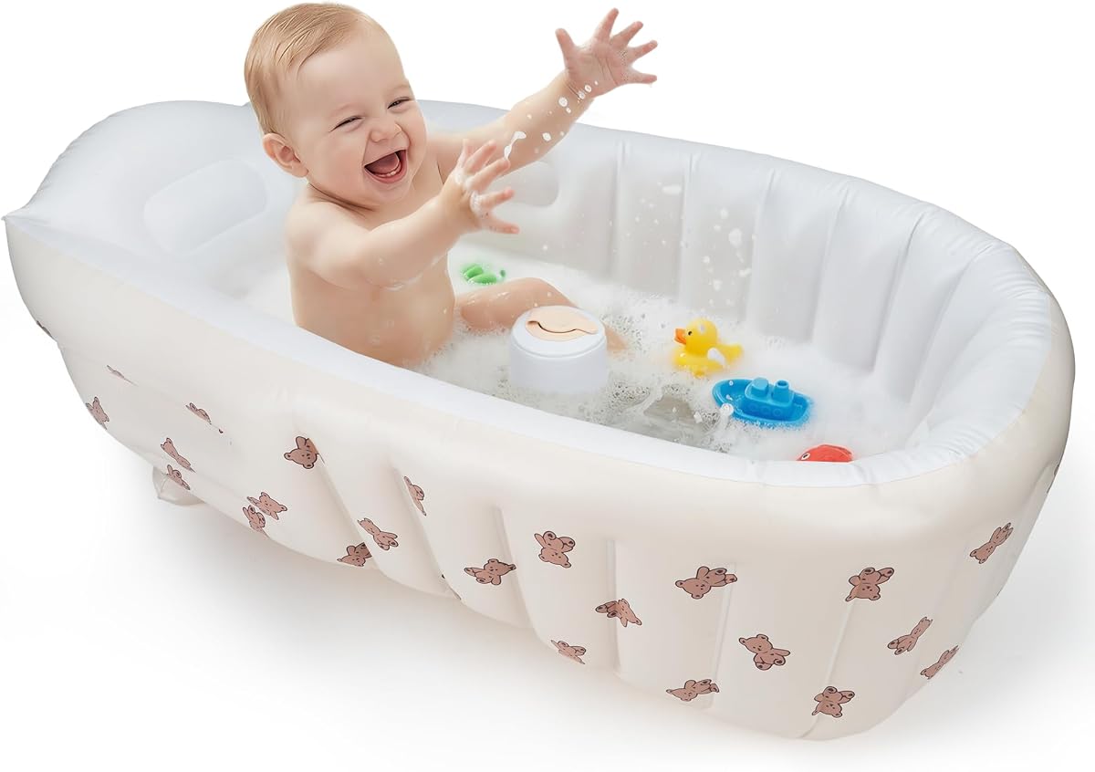 Bañera inflable para bebés, Bañera portátil para bebés con bomba de aire incorporada | Diseño antideslizante con gran drenaje, perfecto para recién nacidos de 0 a 6 meses en adelante, ideal para viajes en casa y playa