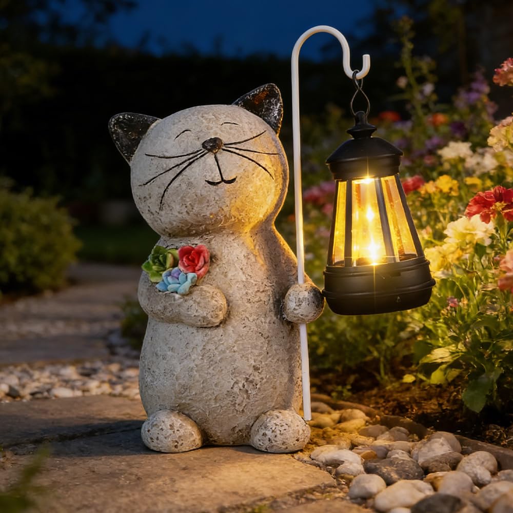 ZOYDP Solar Garden Ornaments Cat, Garden Ornaments Outdoor Statue with solar Lantern, Cat LED Animals Lights, Solar Animal Statue Gift for Home Yard Lawn Decor, Resin — image 1