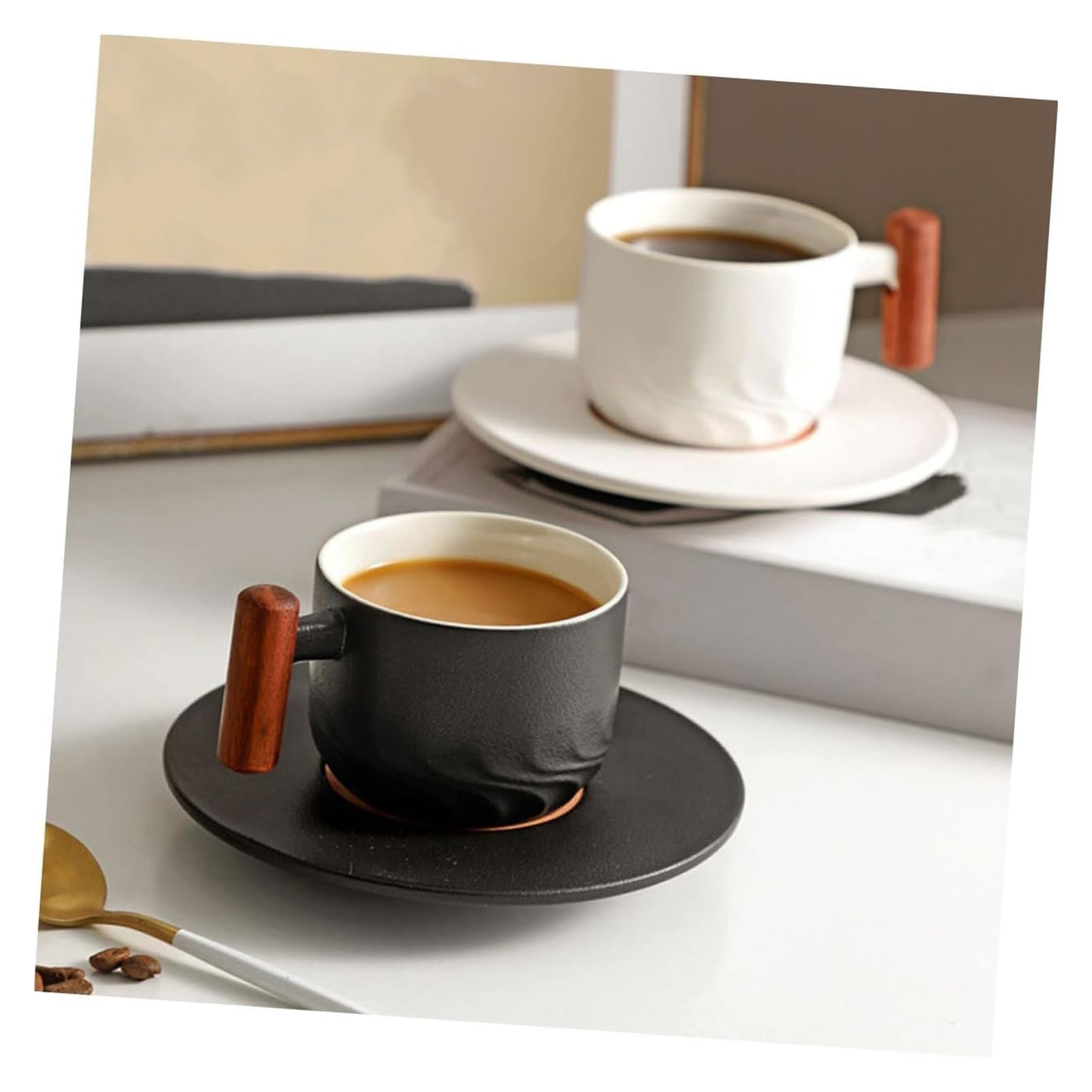Taza de café, taza de té para oficina y hogar, 1 juego de taza de porcelana, taza de madera, taza de bebidas de cerámica, taza de café, taza de desayuno grande, taza de capuchino, mango de madera de