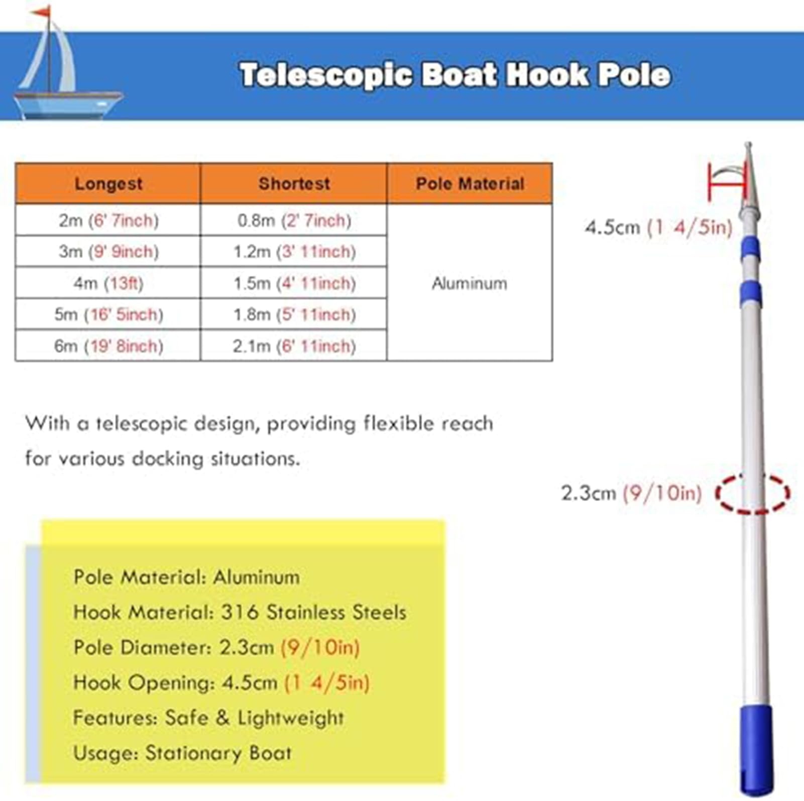 AVSMGP Gancio per Barca Telescopico in Alluminio con Impugnatura Antiscivolo E Isolata Gancio per Ormeggio E Attracco Ideale per Ormeggio, Attracco, Salvataggio, Spinta,400cm/157.5in/13.1ft