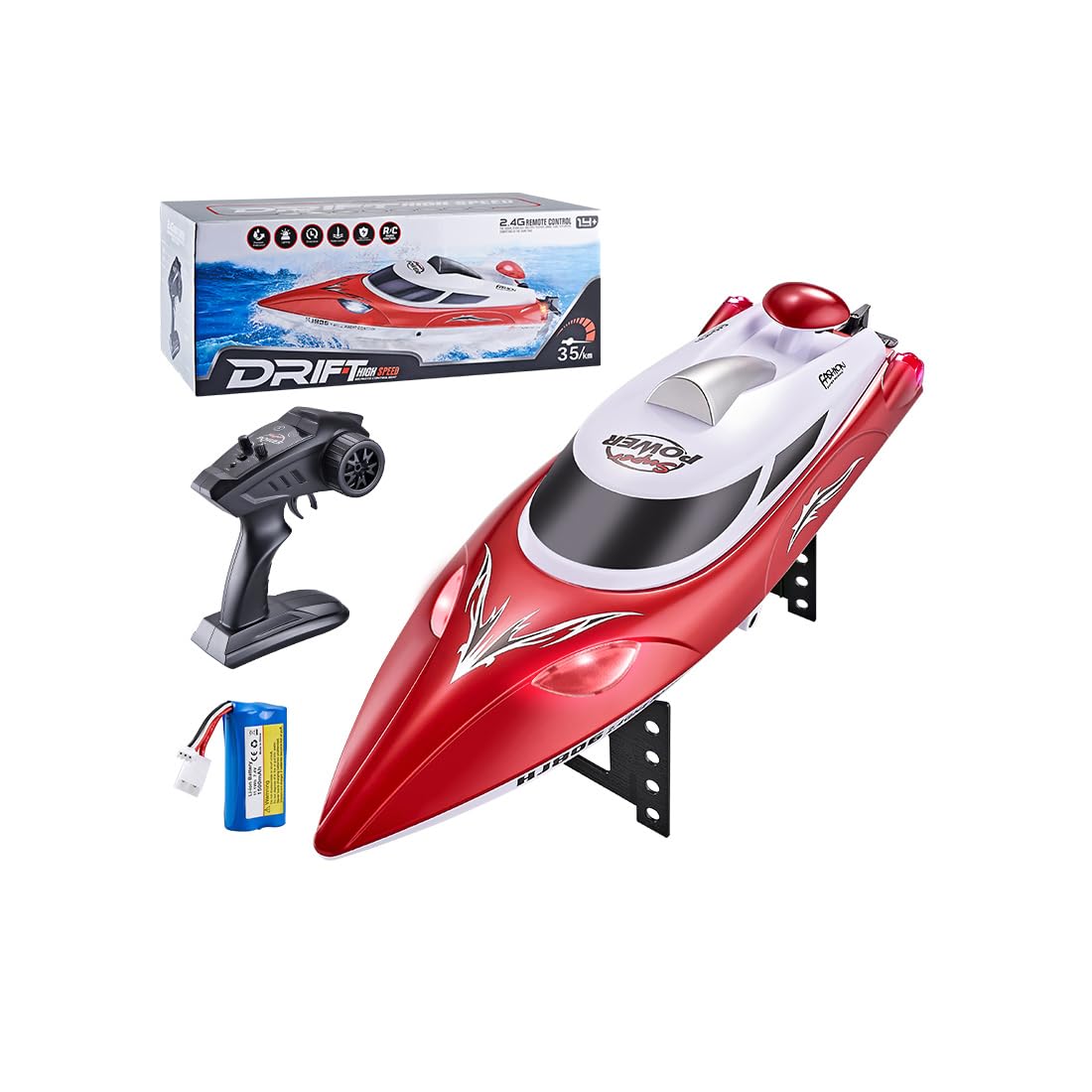 35KM/H Hochgeschwindigkeits RC Boot, 2,4GHz Wasserdichtes RC Boot mit LED-Lichtern, EIN-Knopf-Kehrfunktion, Niederbatterie- & Reichweitenalarm, RTR für See & Pool (Rot)