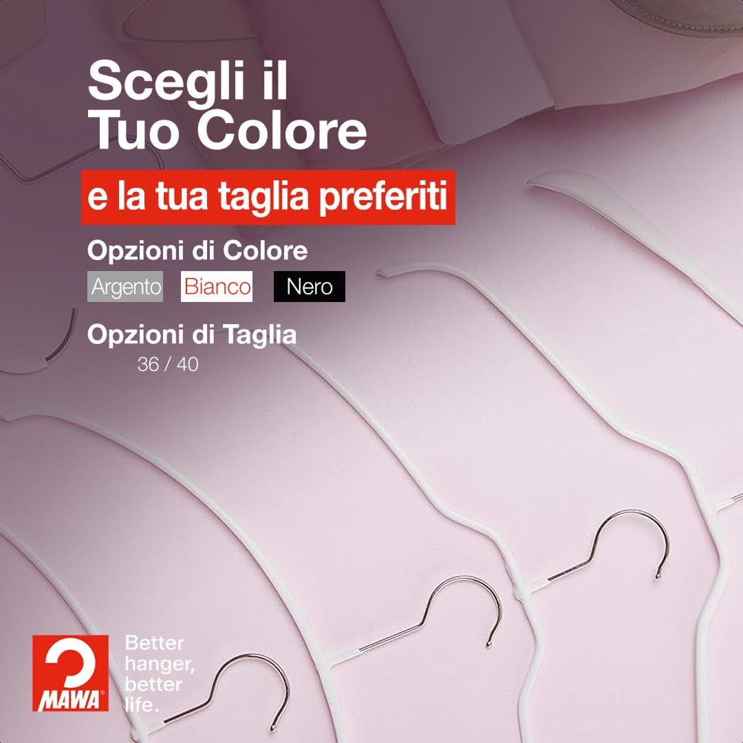 MAWA Grucce Appendiabiti Light, Set di 20 Grucce Salvaspazio e Antiscivolo, Ideali per T-Shirt, Top e Maglioni Leggeri, Gancio Girevole 360°, 36 cm, Bianco