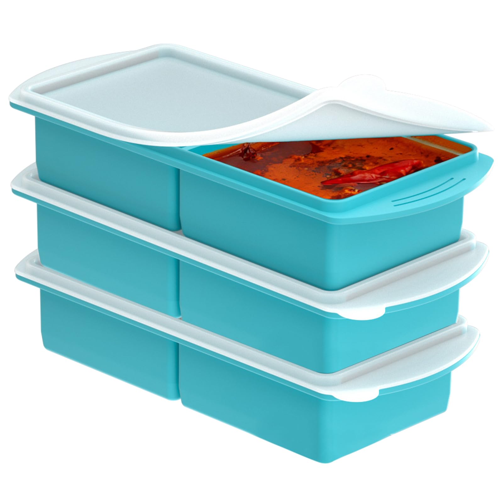 VEGCOO 3 Pcs Soup Silicone Freezer Moulds, 1000ml Soup Freezer Containers with Lid for Freezing Soup Making Ice Cubes, Blue, 30×13×5.6 cm (2-Compartment)