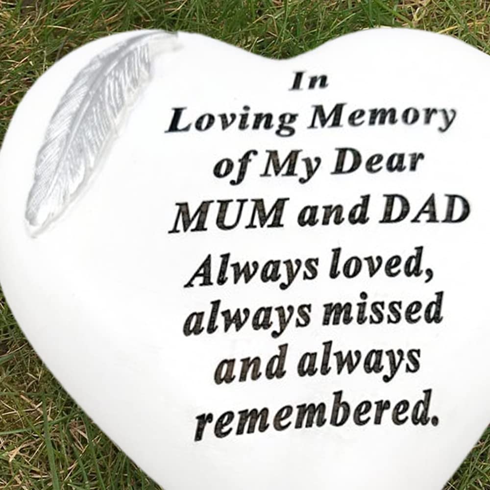 Memorial Stone Heart Plaques Grave Ornaments - Personalised Grave Decoration White & Silver Plaques With Feather- Outdoor Memorial Plaques 15 X 15cm (Mum & Dad