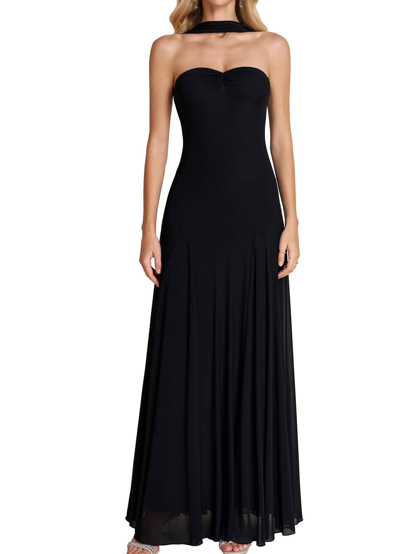Auraxe Formal Halter Wedding Guest Dress Summer Long Prom Dresses for Women Elegant Semi-Formal Strapless Corset Mesh Pleated Long Bridesmaid Cocktail Gowns Party Dresses 2026