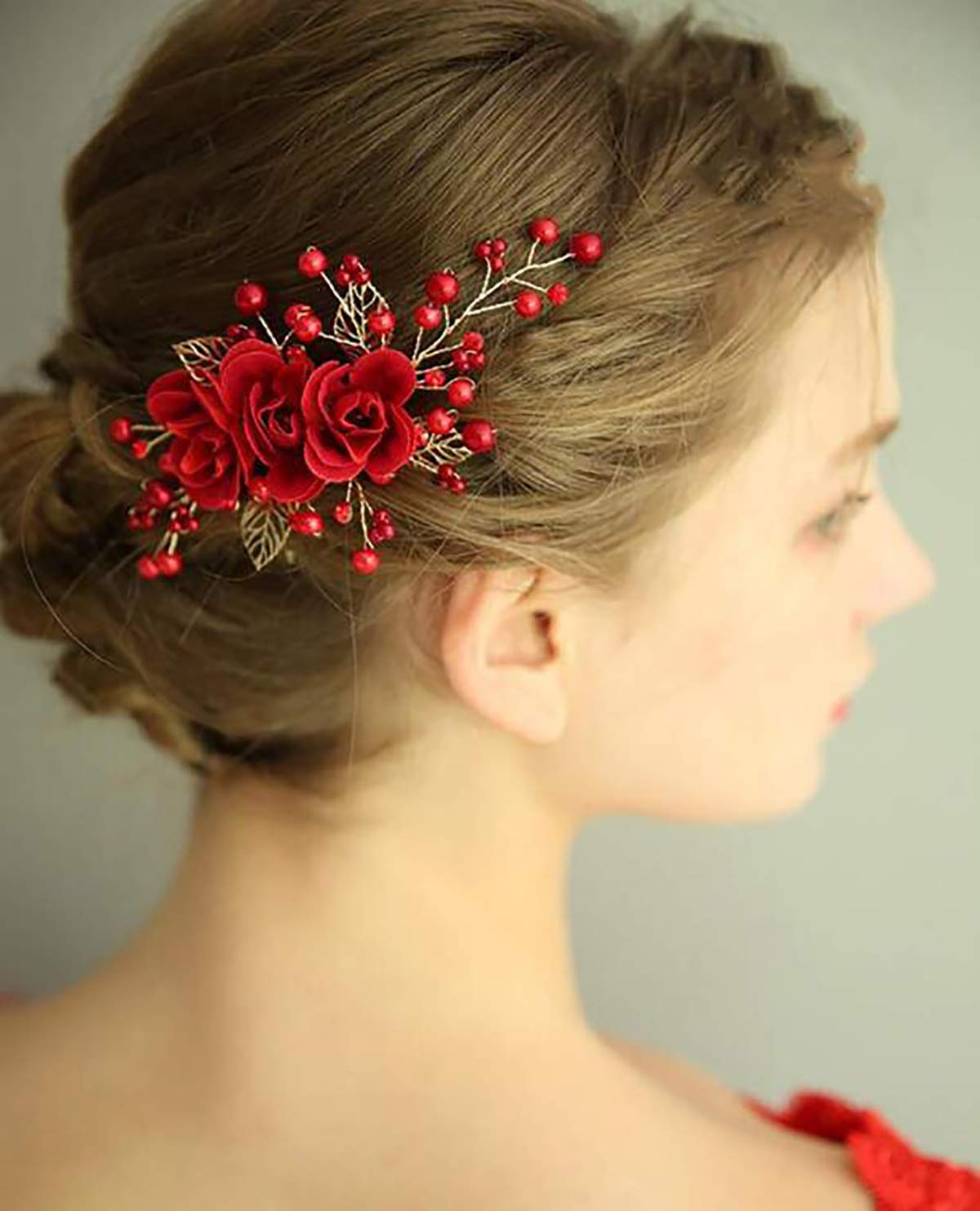 Chargances Bride Floral Hair Comb Rhinestone Hair Comb, Wedding Red Hair Piece, Boho Delicate Handmade Gold Jewelry Gift for Women and Girls