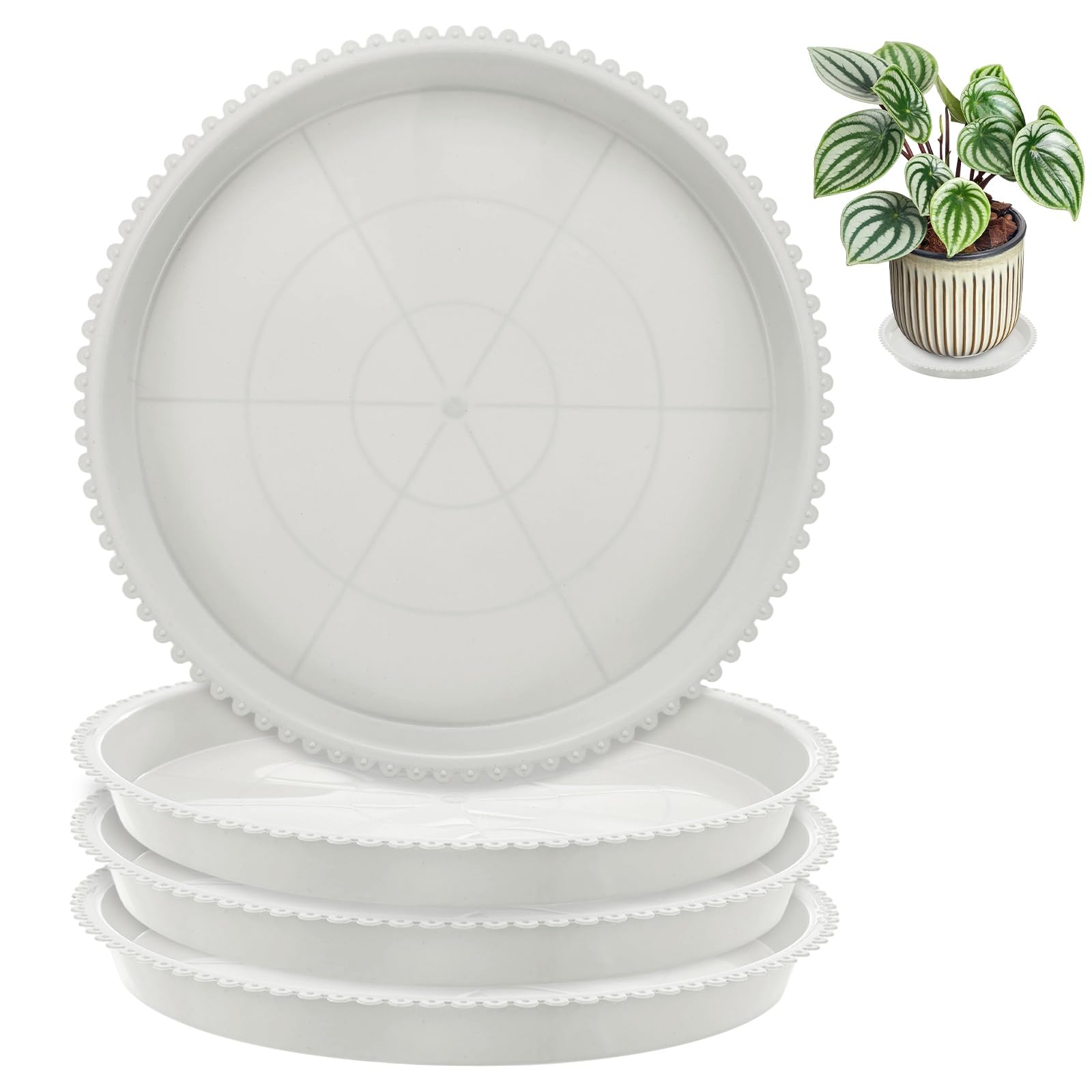 M METERXITY 4-Pack Plastic Plant Saucers, 9.4 Inch ID Round Plant Pot Water Trays for Indoor/Outdoor, Flowerpot Drip Tray [11 Inch OD, White]