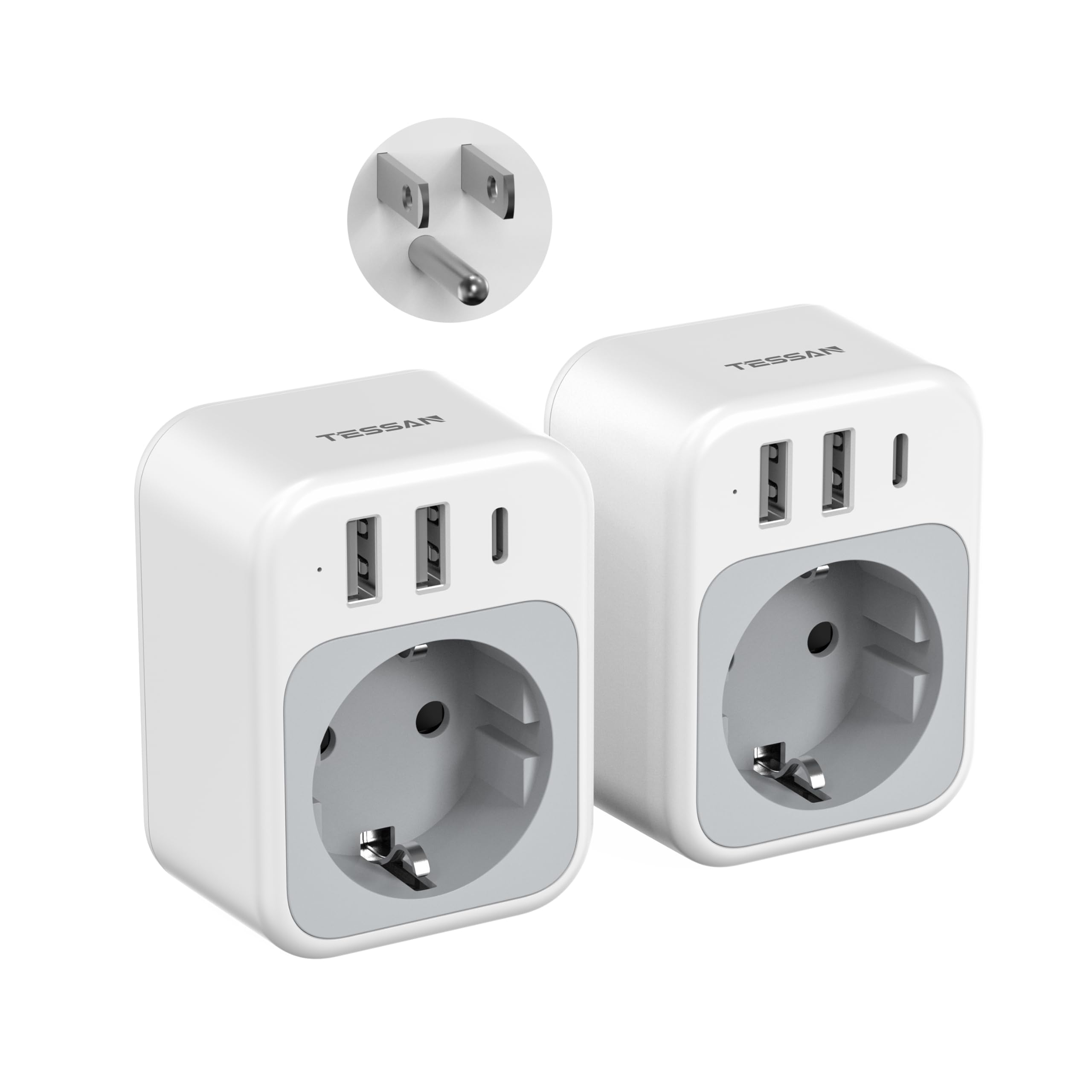 TESSAN Lot de 2 Adaptateur Prise USA, 4 en 1 Adaptateur Prise Americaine avec USB C et 2 USB A, Adapter Americaine 1875 W, Adapter France vers USA, Type B pour Thaïlande Canada Mexique