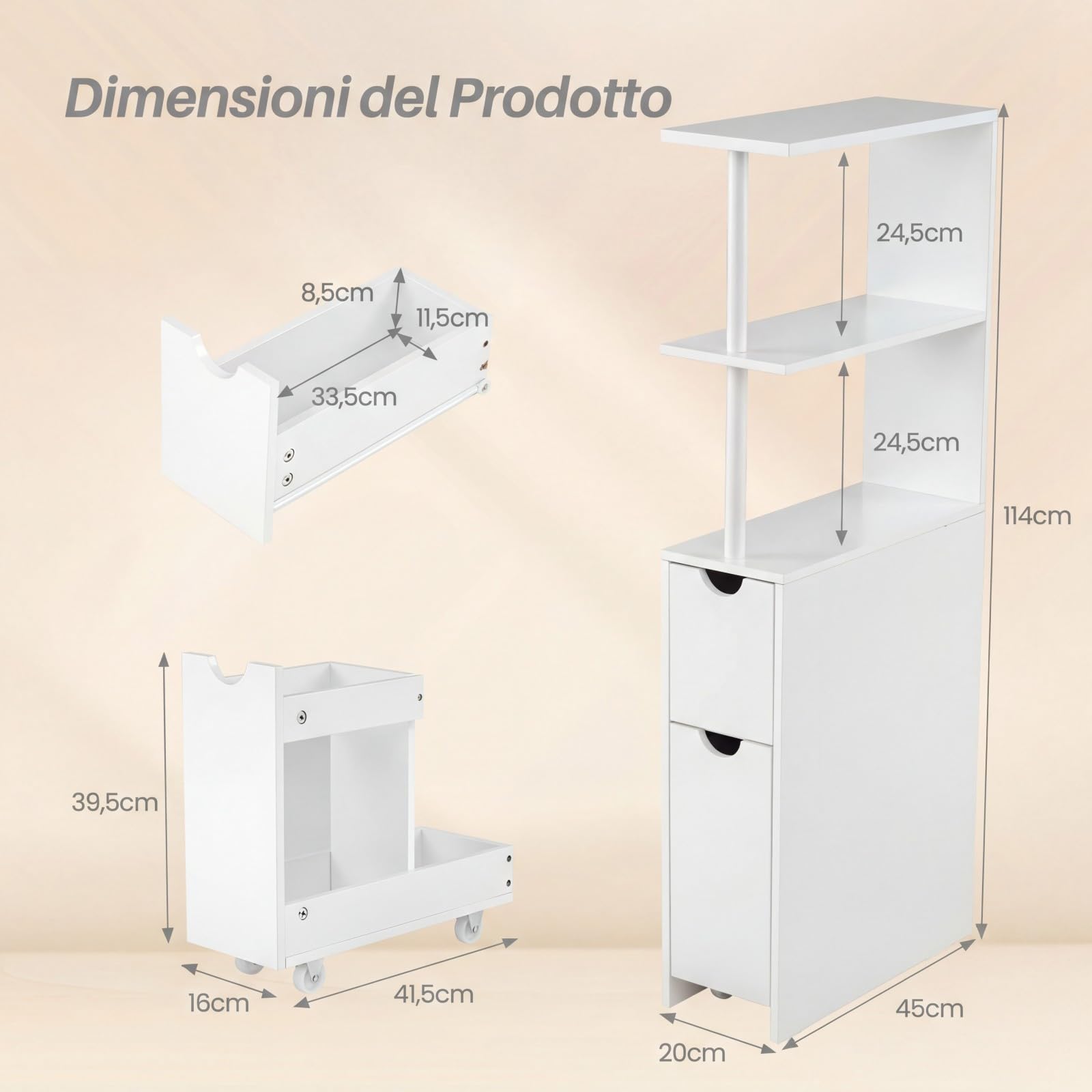 COSTWAY Mobile da Bagno Salvaspazio, Mobiletto Stretto e Autoportante con Ripiani Aperti, Cassetto Scorrevole e Carrello Estraibile, Mobiletto a Terra in Legno per Cucina, 45 × 20 × 114 cm