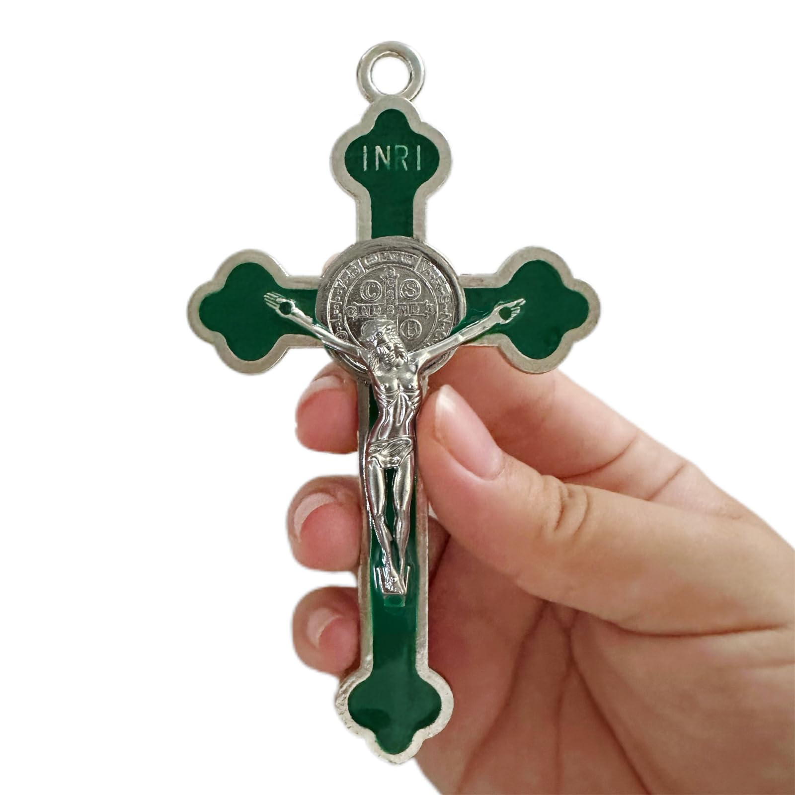 BONITTER Antique Silver Crucifix Wall Cross-St. Benedict Metal Wall Art-5.0 InchX2.7 Inch Green Clover Enamel Give Blessing and The Spiritual Sacred:Faith Gift for your Acquaintance