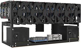 Topaliving 12 GPU Mining Rig Frame, acciaio, nero, scrivania, 12 GPU, 2 alimentatori ATX, 6 ventole, 12 cm, 240 mm H x 268 mm L x 268 mm P