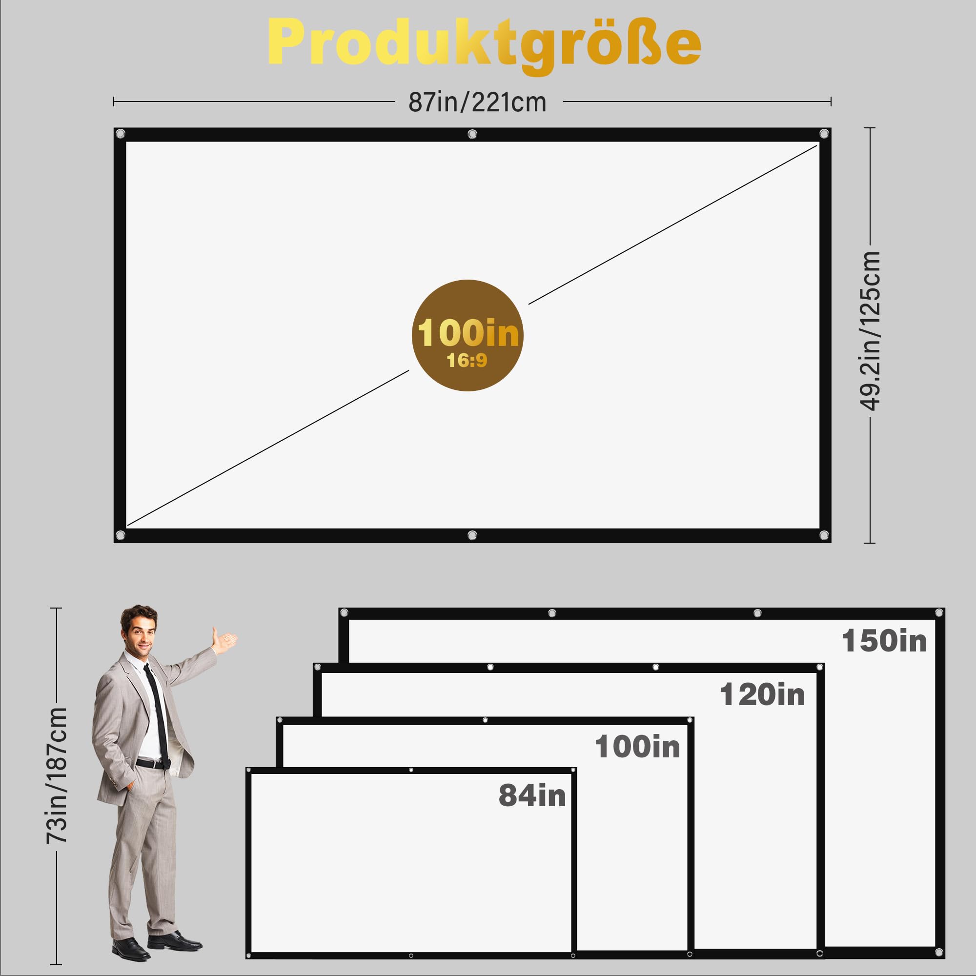 Schermo di Proiezione 100 Pollici 16:9 HD - Portatile Pieghevole per Esterni per Proiettori, Doppia Faccia
