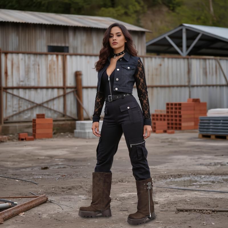 Image of MAVMAX Mid Calf Boots for Women Fold Over Zipper Buckle Riding Boot Black Wide Calf Platform Round Toe Chunky Low Heel Tall Boot Cowboy Biker Motorcycle Boots