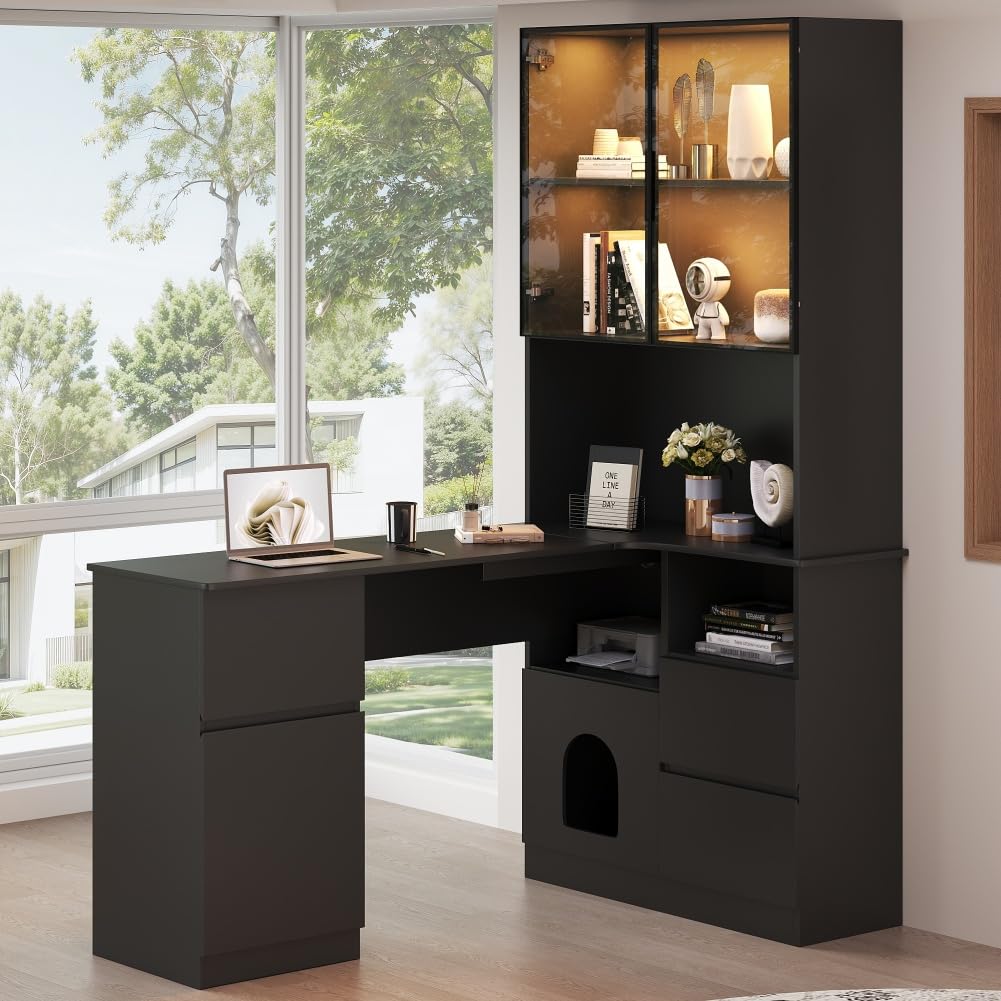 Bureau d'angle 120x80x180cm avec étagères et vitrine LED, Bureau Gaming avec Rangement, Meuble de Bureau pour Chambre et Bureau à Domicile (Noir-Droit)
