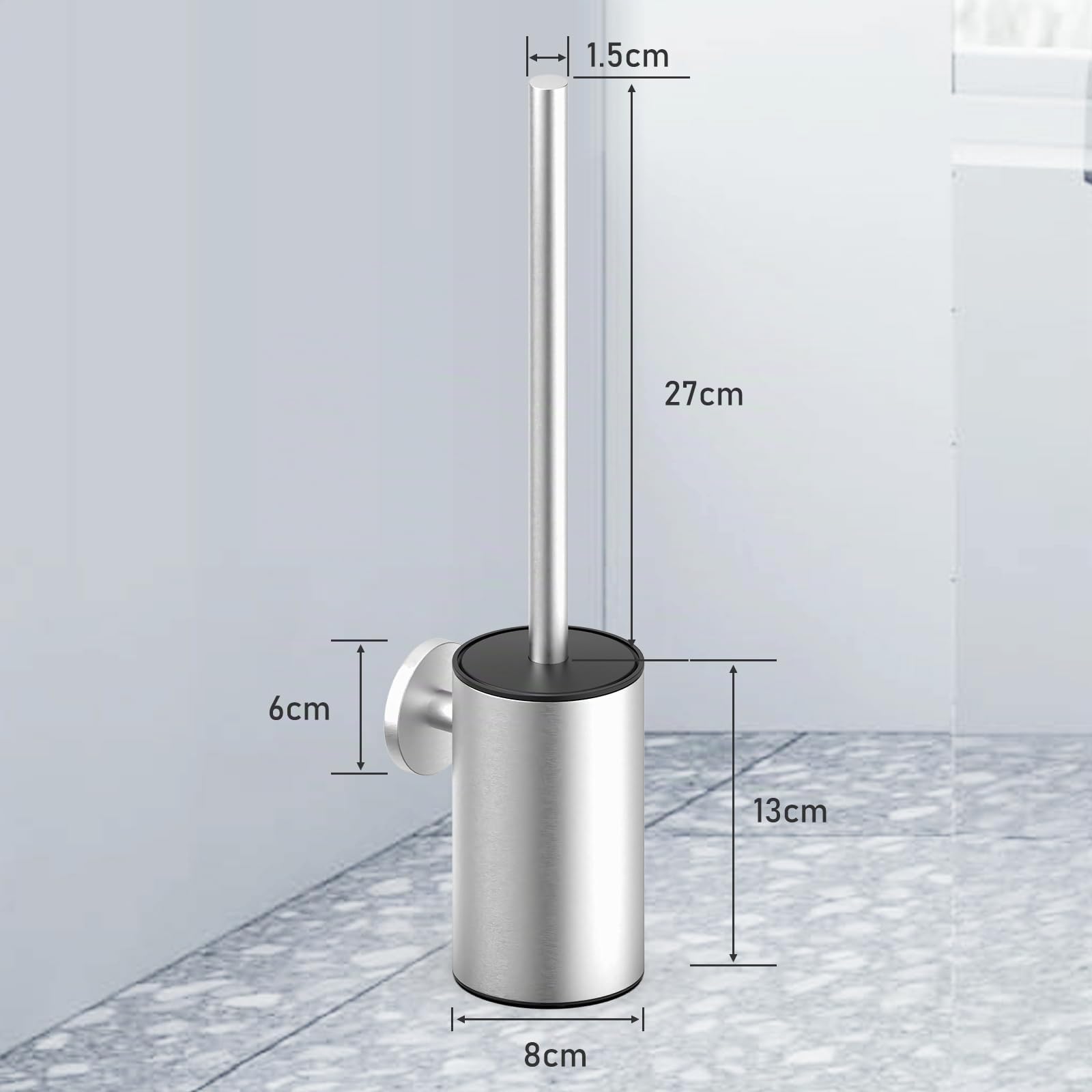 Spazzola per WC in acciaio inox 304, set per WC con montaggio a parete e porta scopino – Include 2 testine (Round Silver)