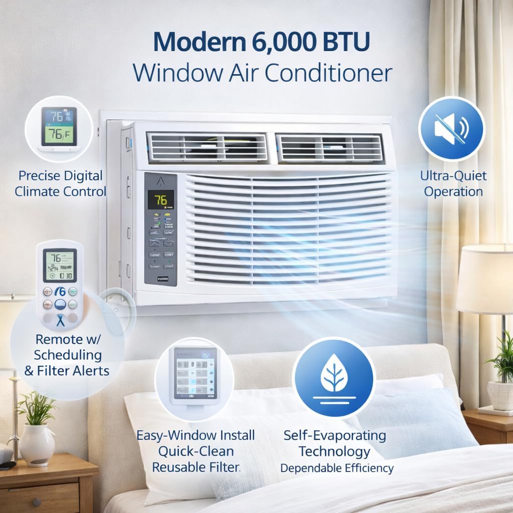 6000 BTU Window Air Conditioner with WiFi, Window AC Unit Cools Up to 250 Sq. Ft., Energy Saving with Remote & App Control & Timer Function, Perfect for Small Rooms, Living Room, Office