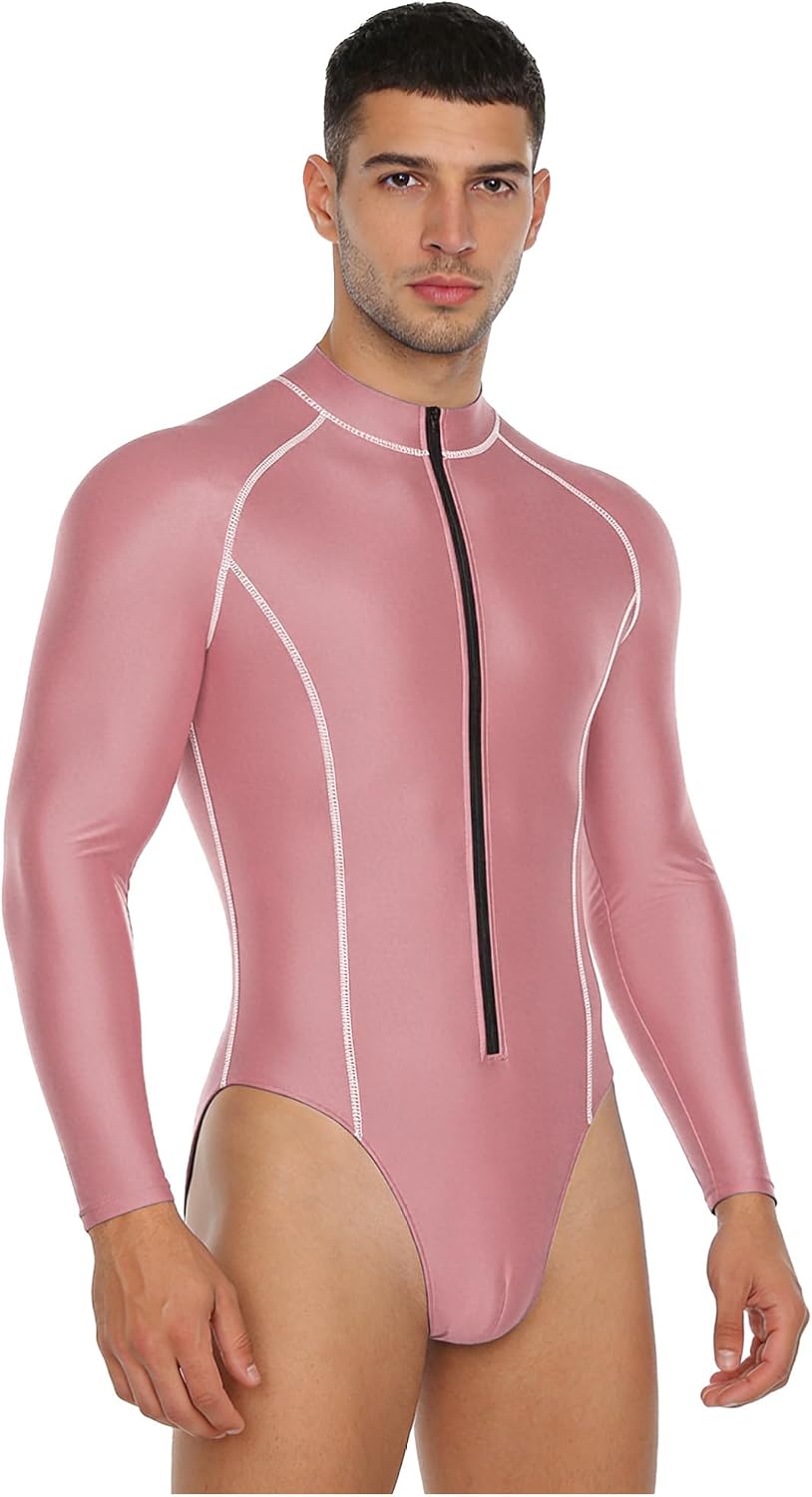 CHICTRY Men's Glossy Mock Neck Bodysuit Long Sleeve Front Zipper Leotard Rash Guard for Surfing