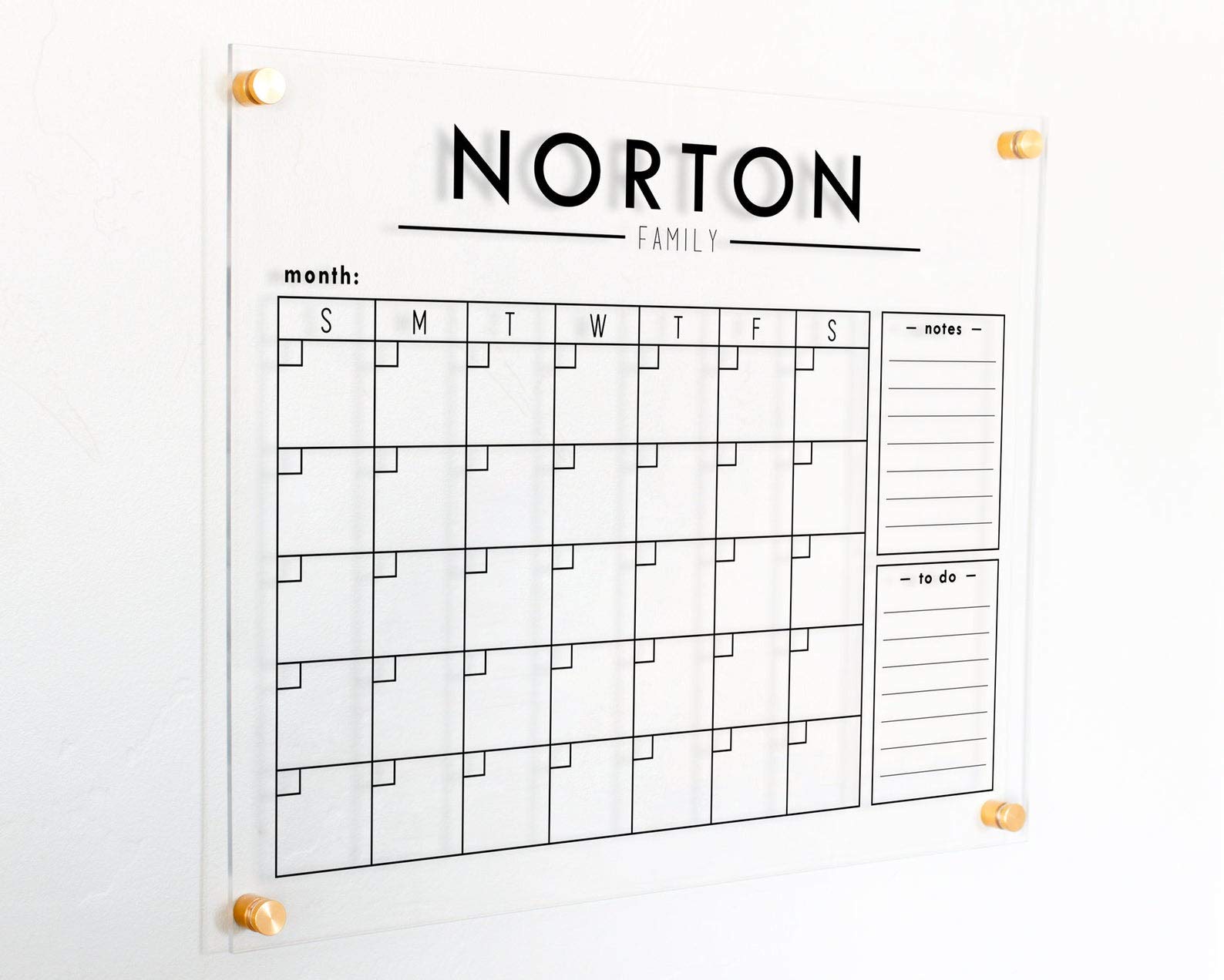 Custom Acrylic Calendar | Landscape Dry Erase Acrylic wall Calendar | Custom name and boxes | floating Wall Calendar with last name or family name