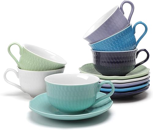 Miniatura 1 de amhomel Juego de 6 tazas de té y platillos de porcelana, tazas de capuchino de 4 onzas para bebidas de café especiales, capuchino, café moca,