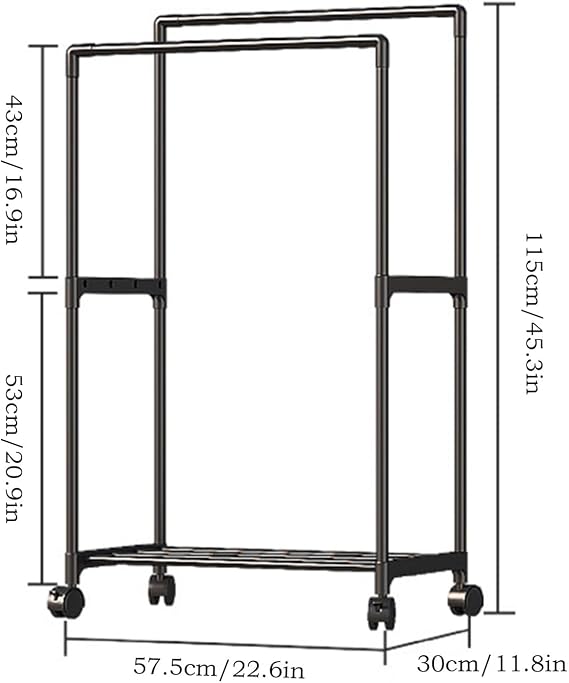 Double Rods Clothes Rack Rolling Clothing Rack For Hanging Clothes Portable Wardrobe Metal Garment Racks For Bedroom Laundry Living Room(White)