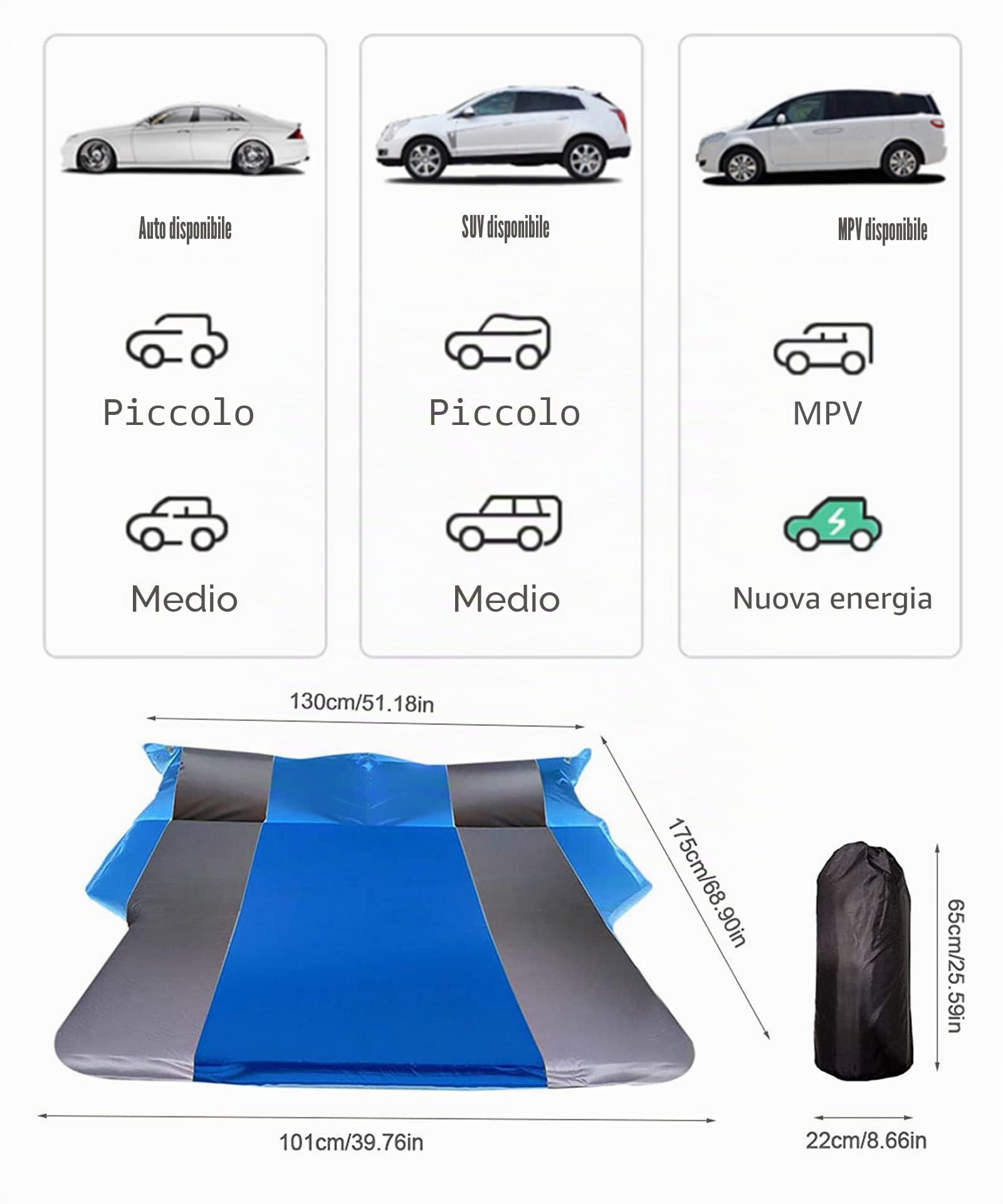 GJXJY Materasso Gonfiabile per Auto con Cassetta 2 Posti Car Air Mattress con Borsa di Stoccaggio Materasso Gonfiabile per SUV Break Sedan, 130 x 175 x 7 cm