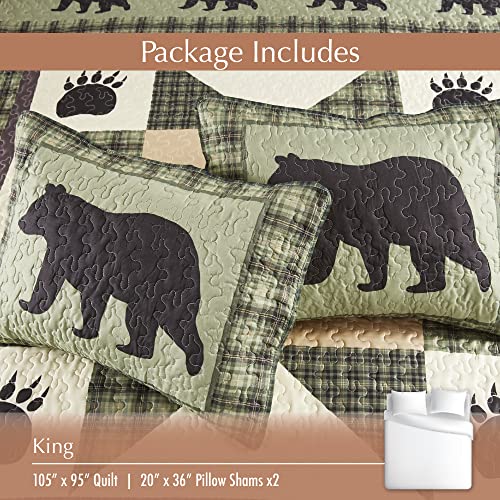 Virah Bella 3 Piece King Lodge Quilt Bedding Set - Bear Star - Rustic Cabin Country Reversible Camping Comforter Set With Decorative Pillow Shams, Green/White #TOP2