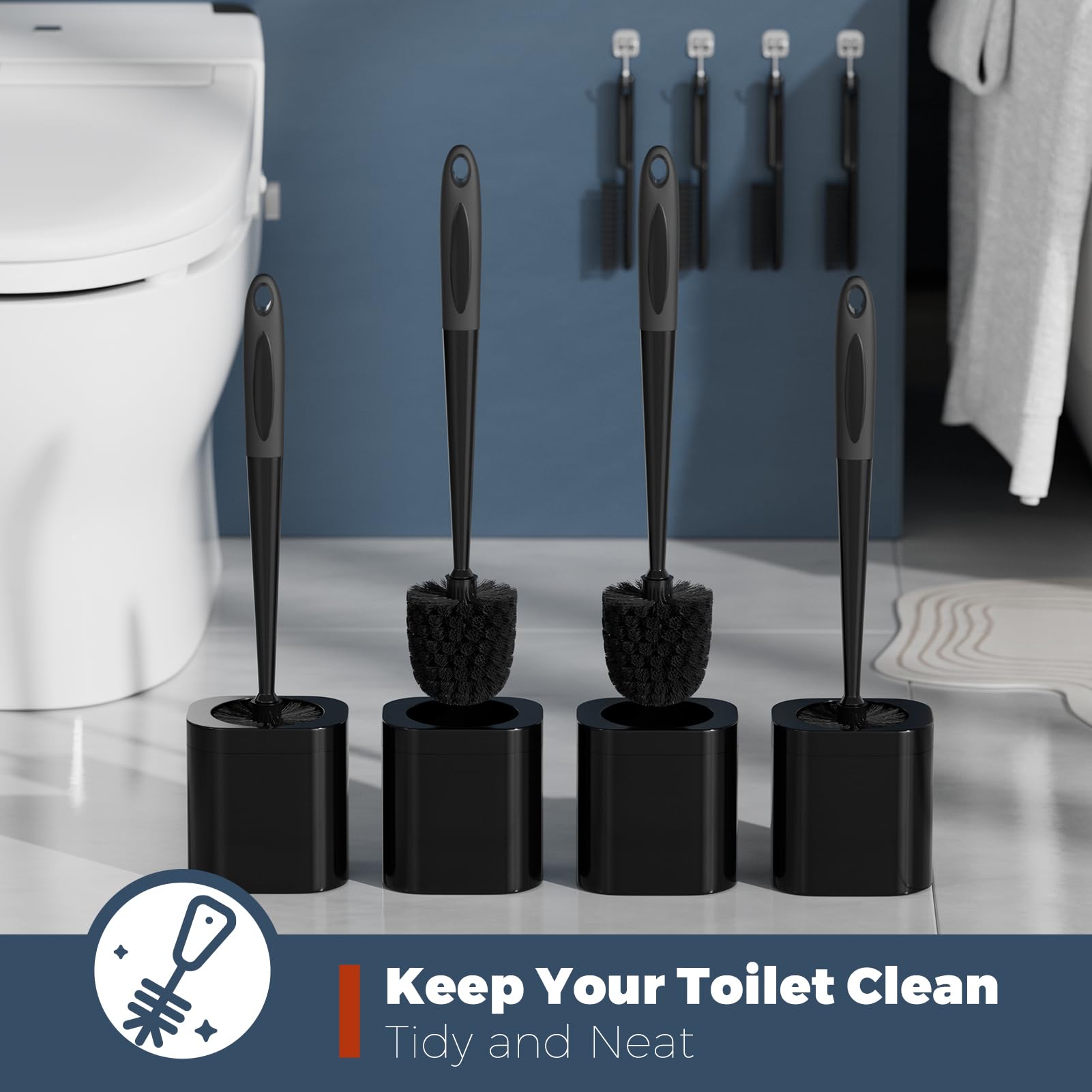 Holaloha WC-Bürste, 4 Pack Toilettenbürste und Halter Set Badezimmerzubehör, Toilettenschüsselbürste und Halter mit 4 Fugendüse für Badezimmer, WC Schrubber Bürste, Schwarz