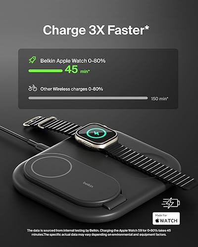 Miniatura 3 de Belkin Cargador de iPhone 3 en 1 compatible con MagSafe, plegable magnético Qi2, estación de carga MagSafe para teléfono, Apple Watch, AirPods,